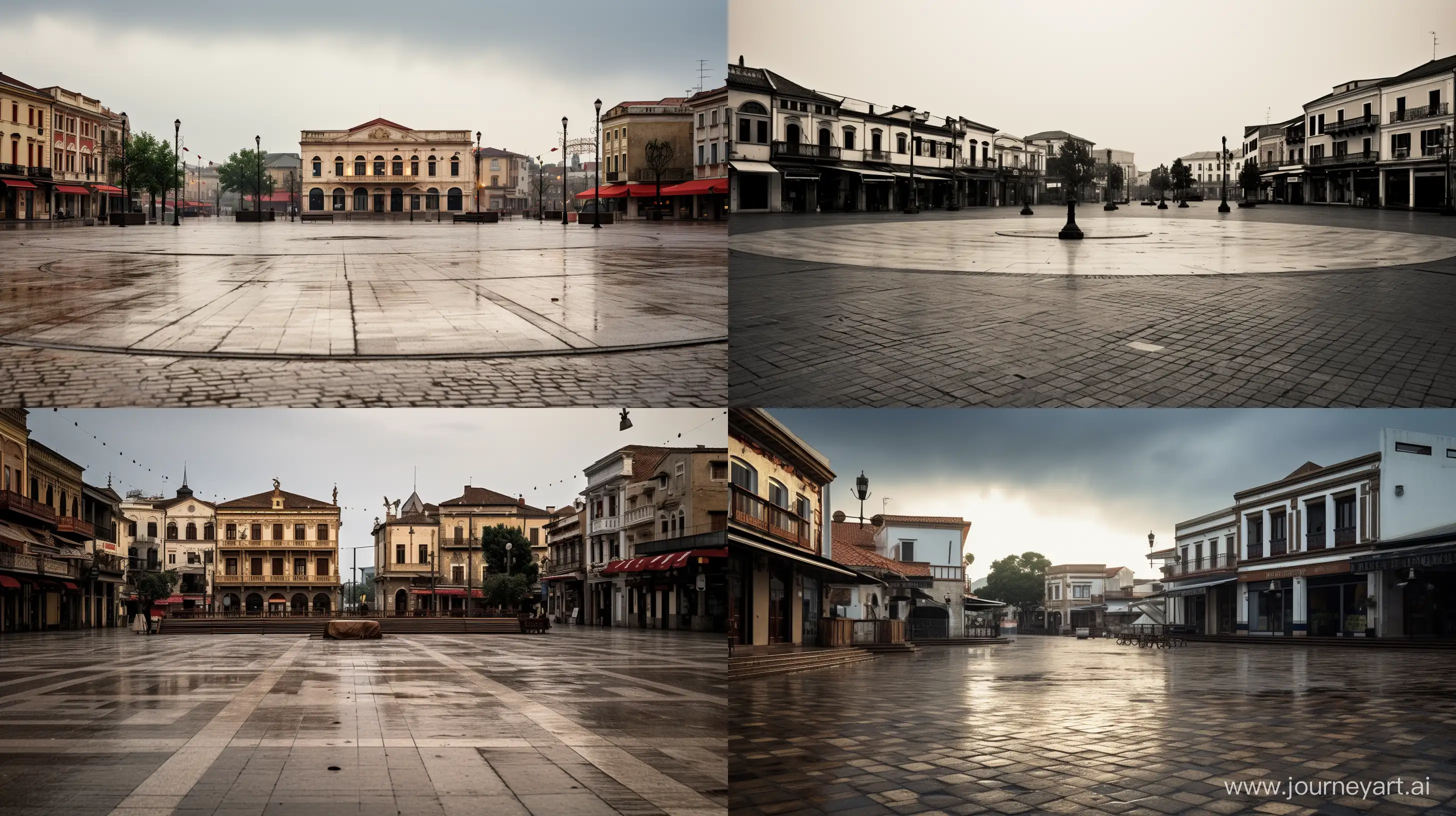 A ban on music and dance enforced by the town council, creating an eerie silence in the once lively town square. The atmosphere is somber, with a sense of loss and restraint. Photography, capturing the deserted square with a wide-angle lens to emphasize the emptiness, Photography, realistic style with a 50mm lens, capturing the details of the market and people, --ar 16:9