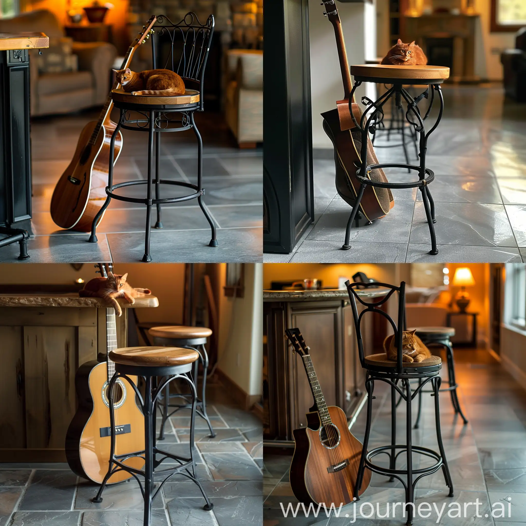 A guitar leans against a bar stool with a black iron frame and a wooden seat, the chair stays on gray porcelain tiles in a room with warm lighting, there is a red cat laying on the stools top