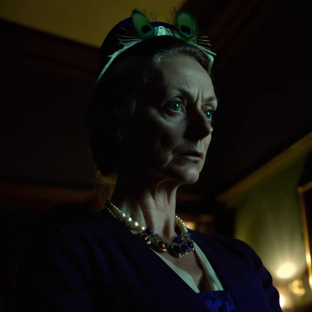 Mysterious Mrs Peacock in a Dimly Lit Manor Study at Night