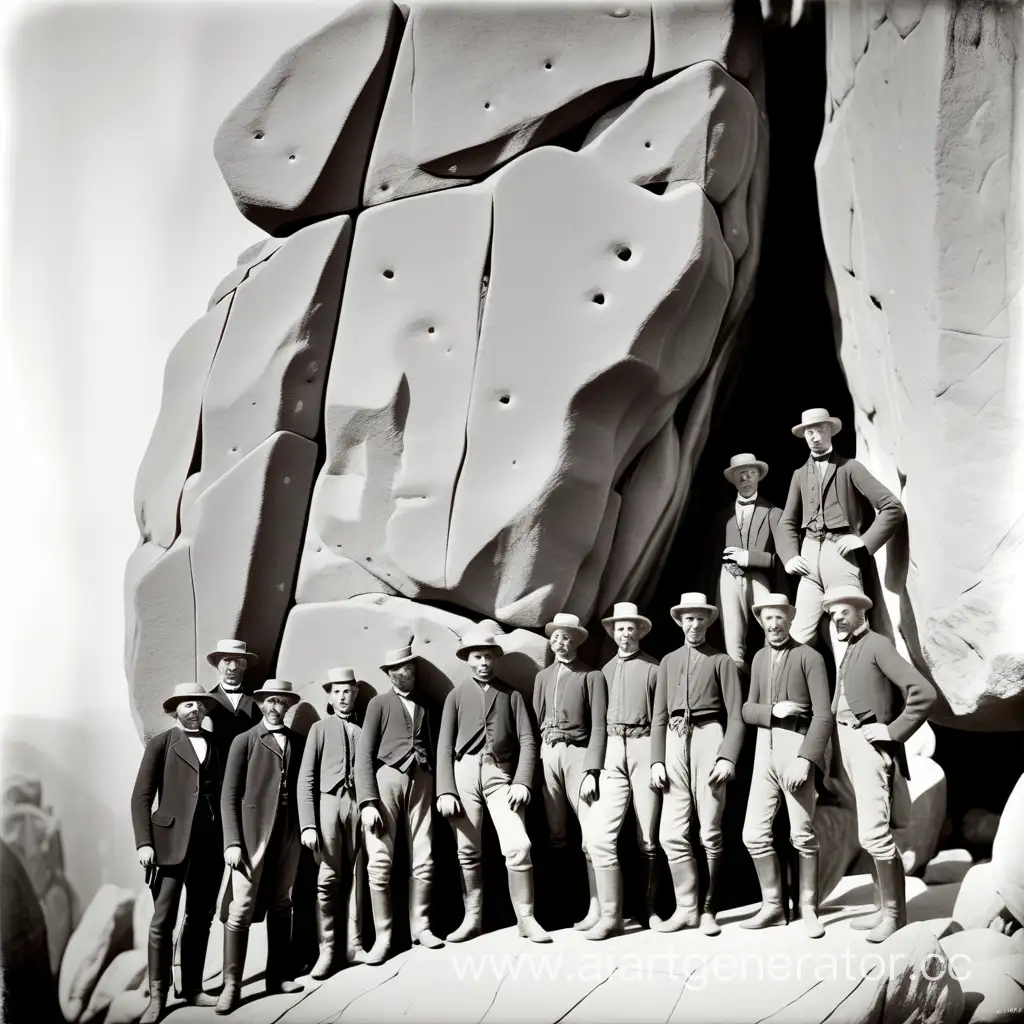 черно-белая фотография группа альпинистов 19 века рядом с камнем в половину их роста