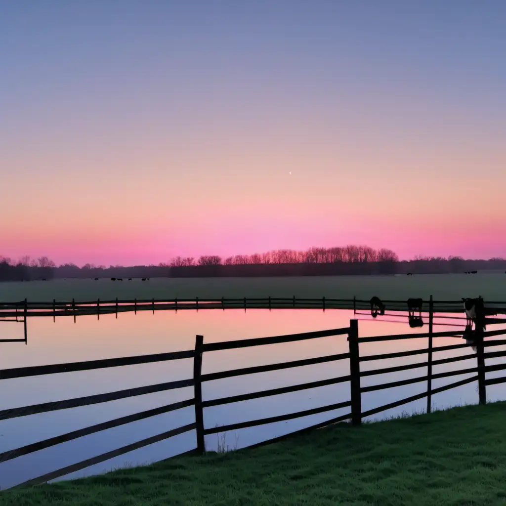 the sun is just stating to rise with a pink and blue sky. You can still see some of the stars behind the sky. The setting is a flat plain with a couple cows grazing on a cold morning. There is a pond on the right hand side of the picture surrounded by a fence.