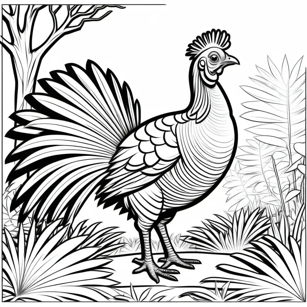 australian bush turkey detailed drawing black and white, kids colouring book stencil, black lines only white background, fine lines, friendly cartoon