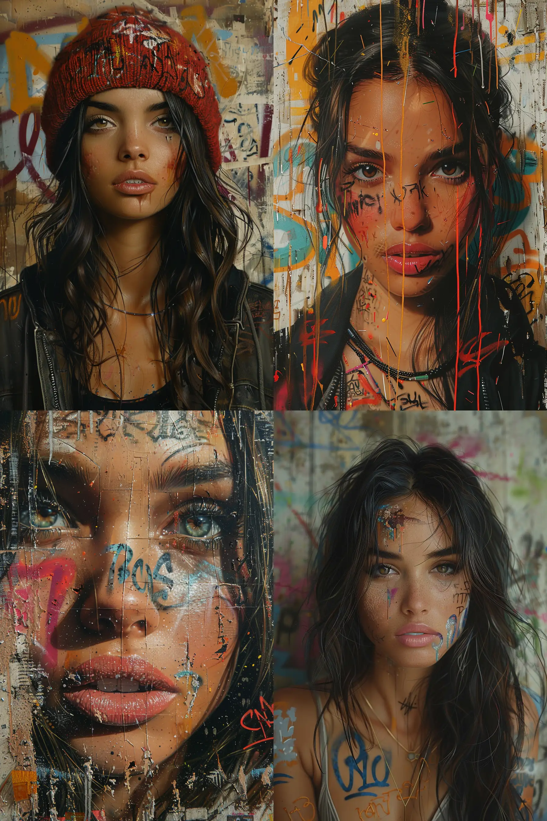 a hyper realistic painting of a woman with graffiti on it, in the style of Patrick Demarchelier, mixed media Marvel, johan messely, Mona Hatoum, celebrity-portraits, mashup of styles, edgy street art --ar 73:109 --stylize 750 --v 6