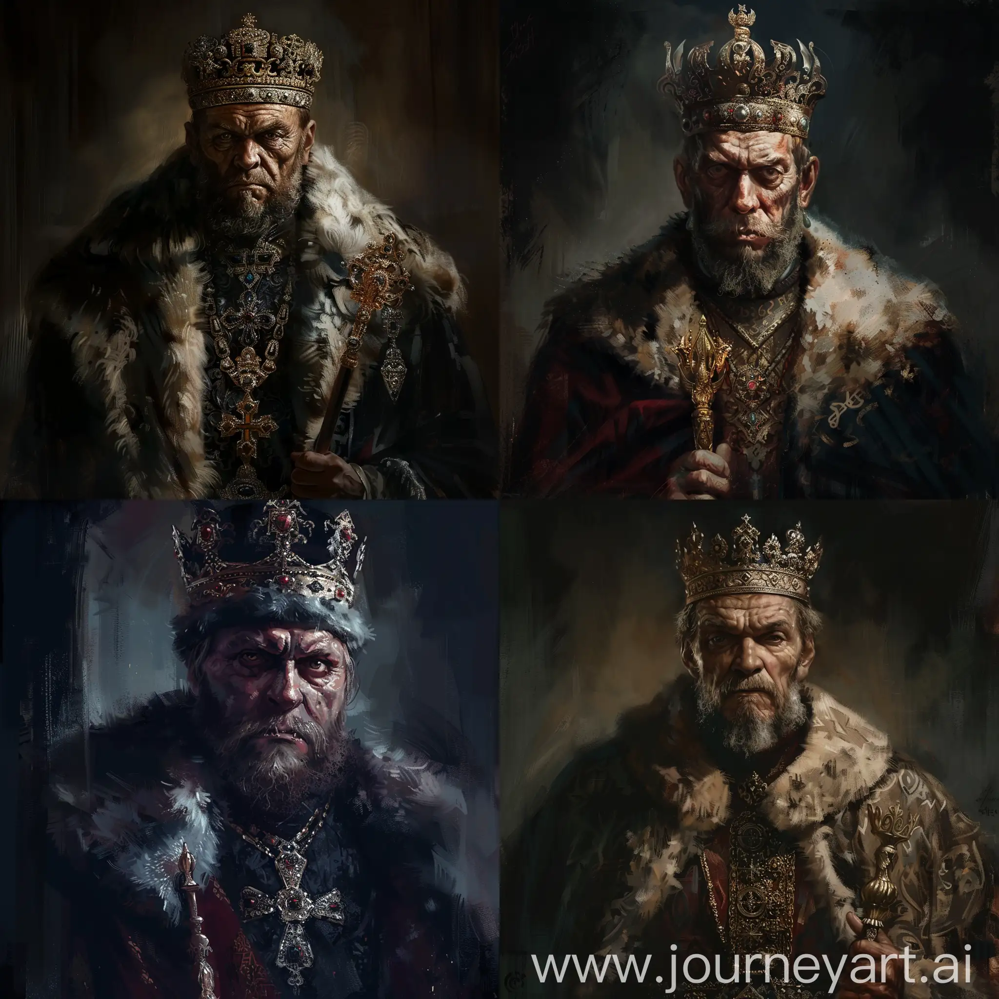 Create a portrait capturing the imposing figure of Ivan the Terrible, his gaze piercing and intense, with a crown upon his head symbolizing his authority. The background could be shrouded in darkness, hinting at his notorious reputation for cruelty and ruthlessness, while subtle details such as the fur-trimmed robes and the ornate scepter he holds add to the grandeur of his portrayal.