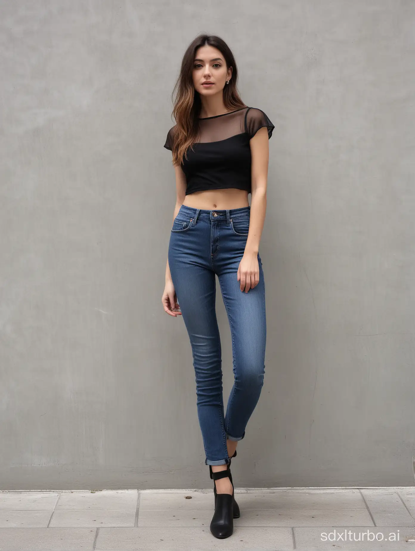 Super delicate photograph, , solazolal, (full body image), casual skinny jeans, black mesh crop top