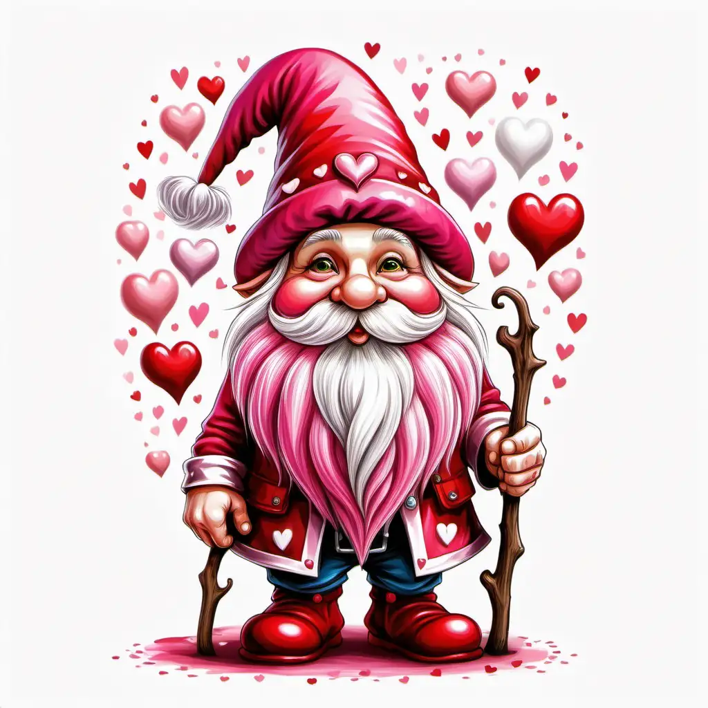  colorful pink red and white, fantasy, full body gnome, long beard, oversized ,Decorated hat hearts, 
valentine themed, cartoon style, white background,