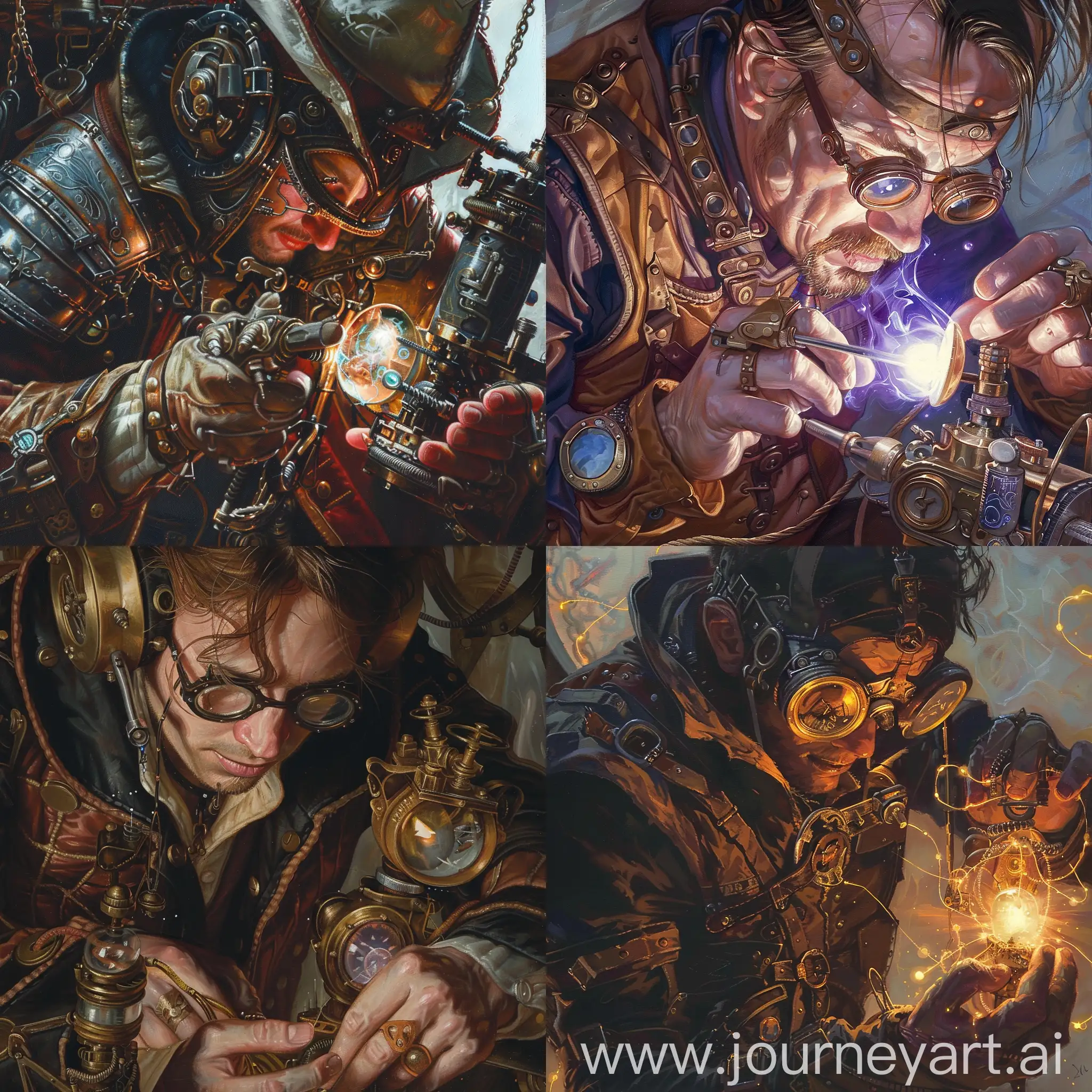 extreme close up of a steam punk mage tinkering with a device that holds magic.
In the art style of Terese Nielsen oil painting.