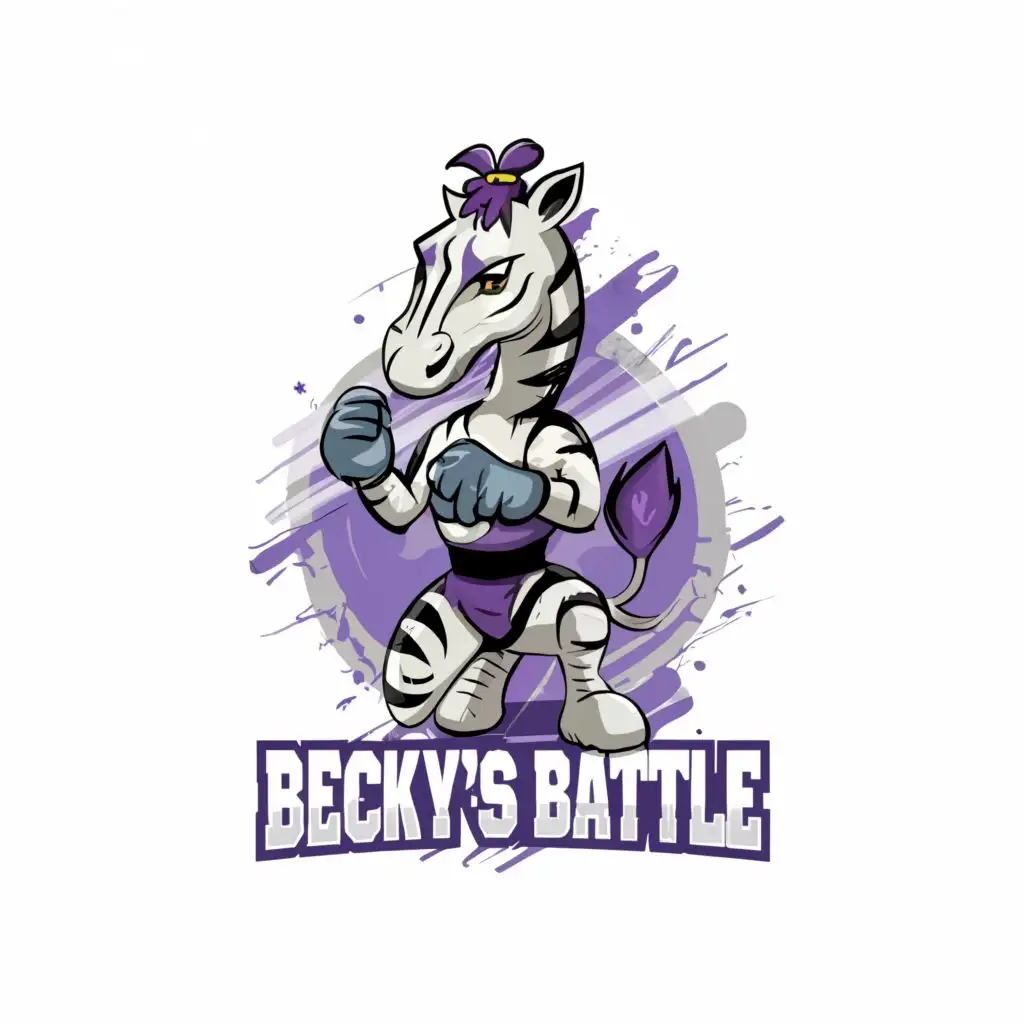 a logo design,with the text "Becky's Battle", main symbol:Boxing Zebra Praying with purple bow,Moderate,be used in Home Family industry,clear background
