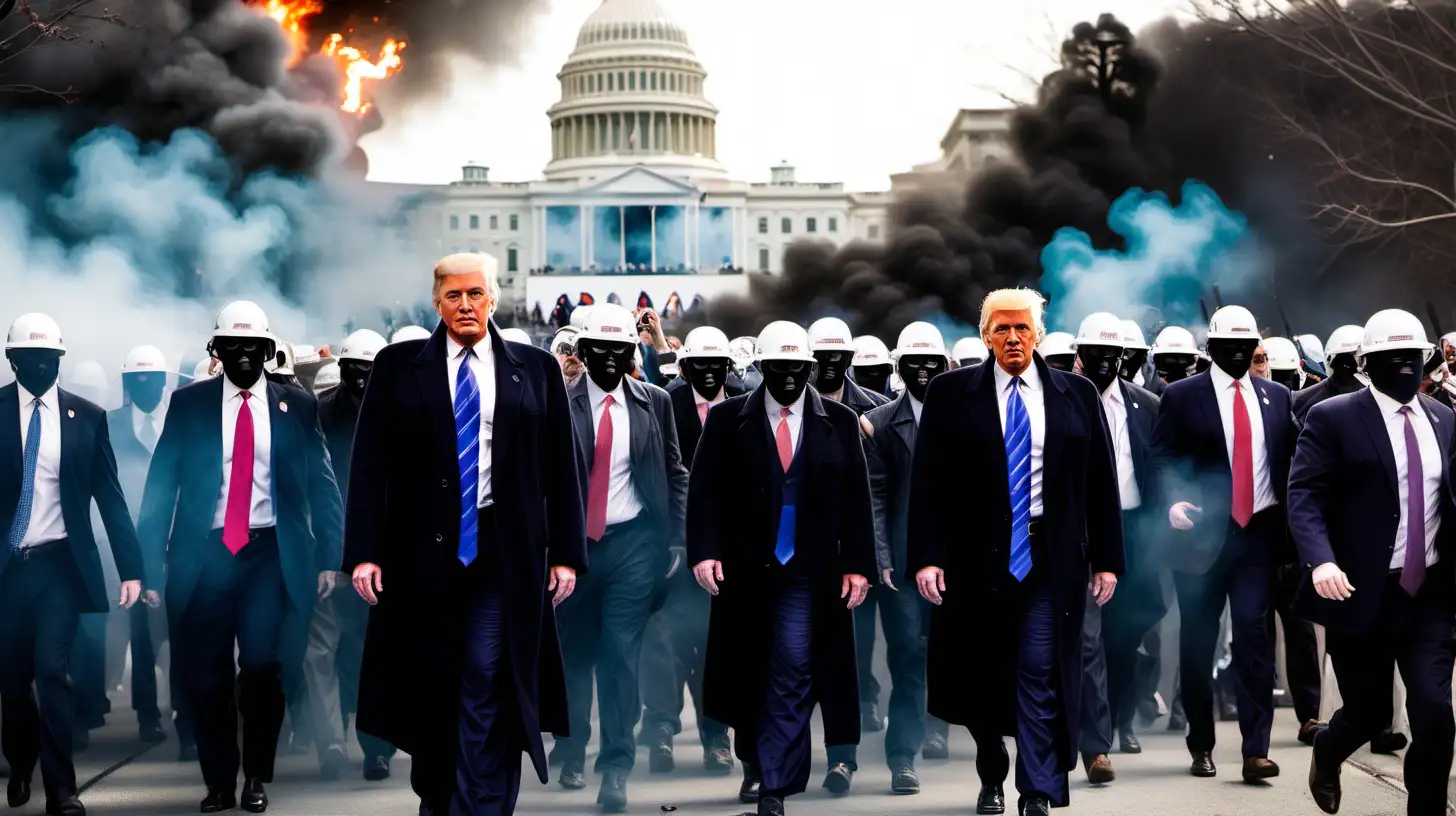 Donald Trump Leading A Mob of Angry White Guys To The Capital in Washington DC while rioting and burning is going on all around. Make the scene ominous.
