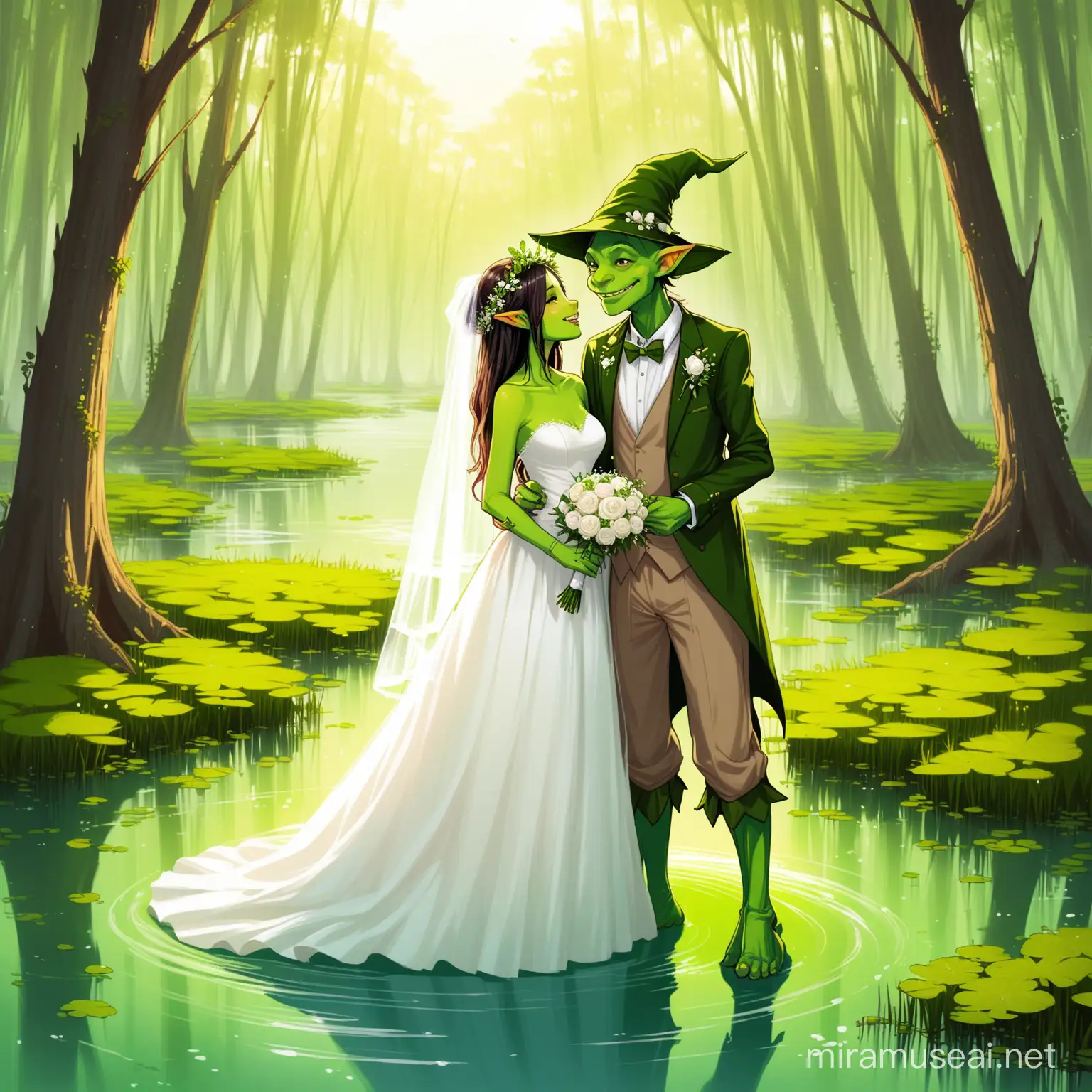 A pretty goblin lady couple getting married with a swamp background 