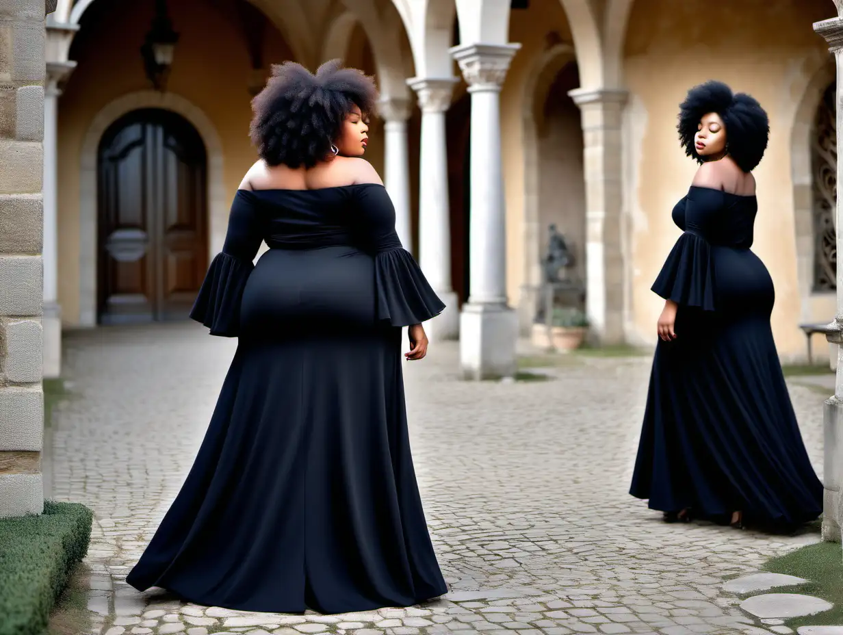 back view, beautiful, sensual, classy elegant black plus size model with long full frizzy afro hair, closed eyes, back view on separate image, wearing off shoulder  black dress, with long 2 layers flounce on the bell sleeves, with a very flared circle ankle length skirt, skirt is made from the same ITY fabric as top, dress is made from ITY fabric, high waist empire defined waistline, cinched in a waistband same color and fabric of the dress, long hair is flowing, back view on separate image, luxury photoshoot inside a magical winter castle in France, winter decorations inside the rooms in the castle, antique paintings and chandelier in background