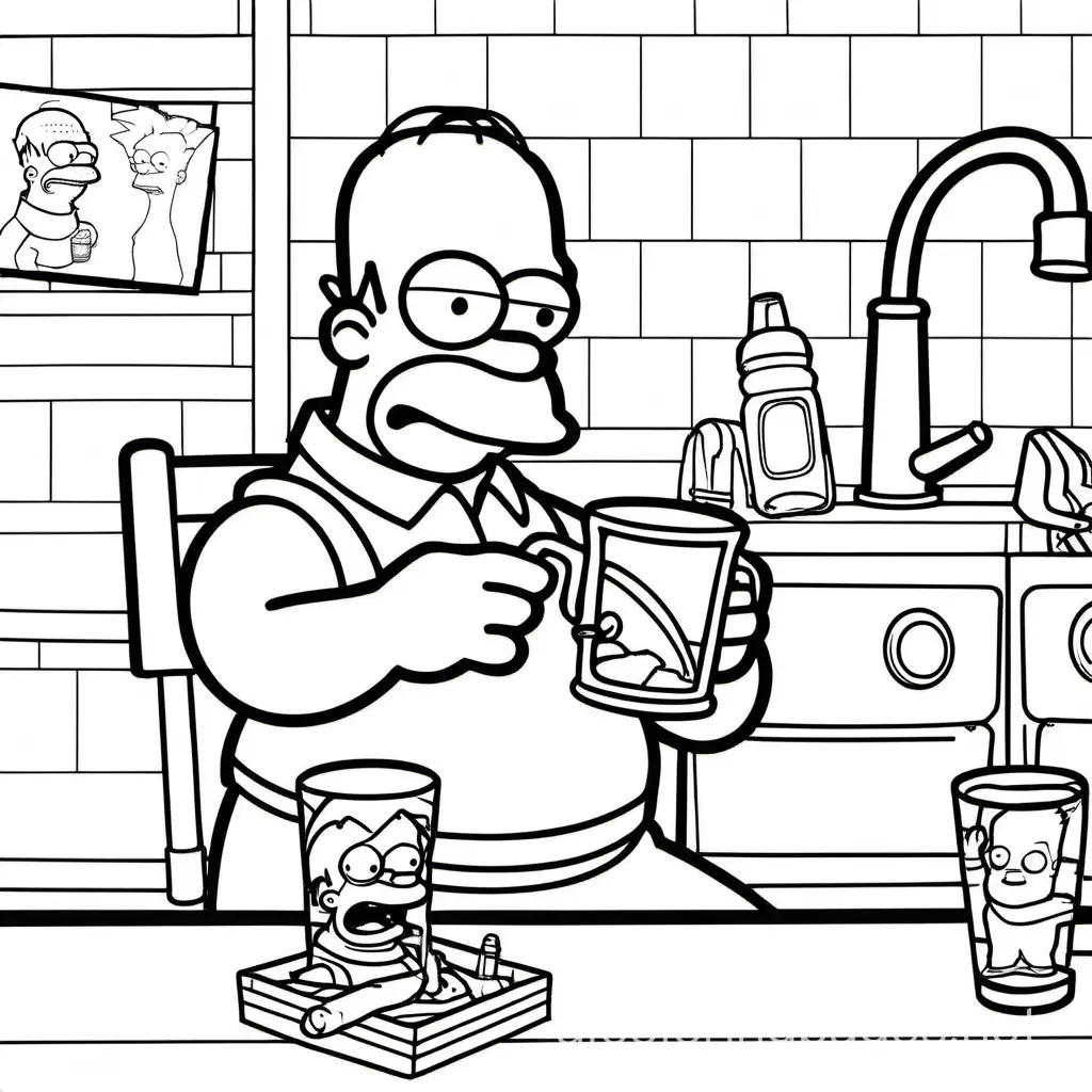 Homer Simpson drinking with chucky, Coloring Page, black and white, line art, white background, Simplicity, Ample White Space. The background of the coloring page is plain white to make it easy for young children to color within the lines. The outlines of all the subjects are easy to distinguish, making it simple for kids to color without too much difficulty