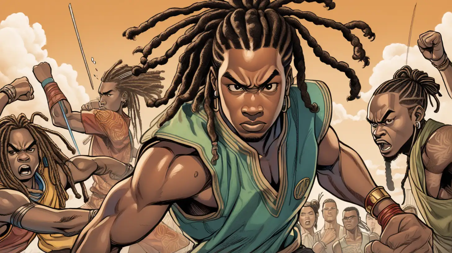 young black man with dreadlocks, fighting against people, asian-inspired, african inspired, modern, comic book style, in color, earth tones
