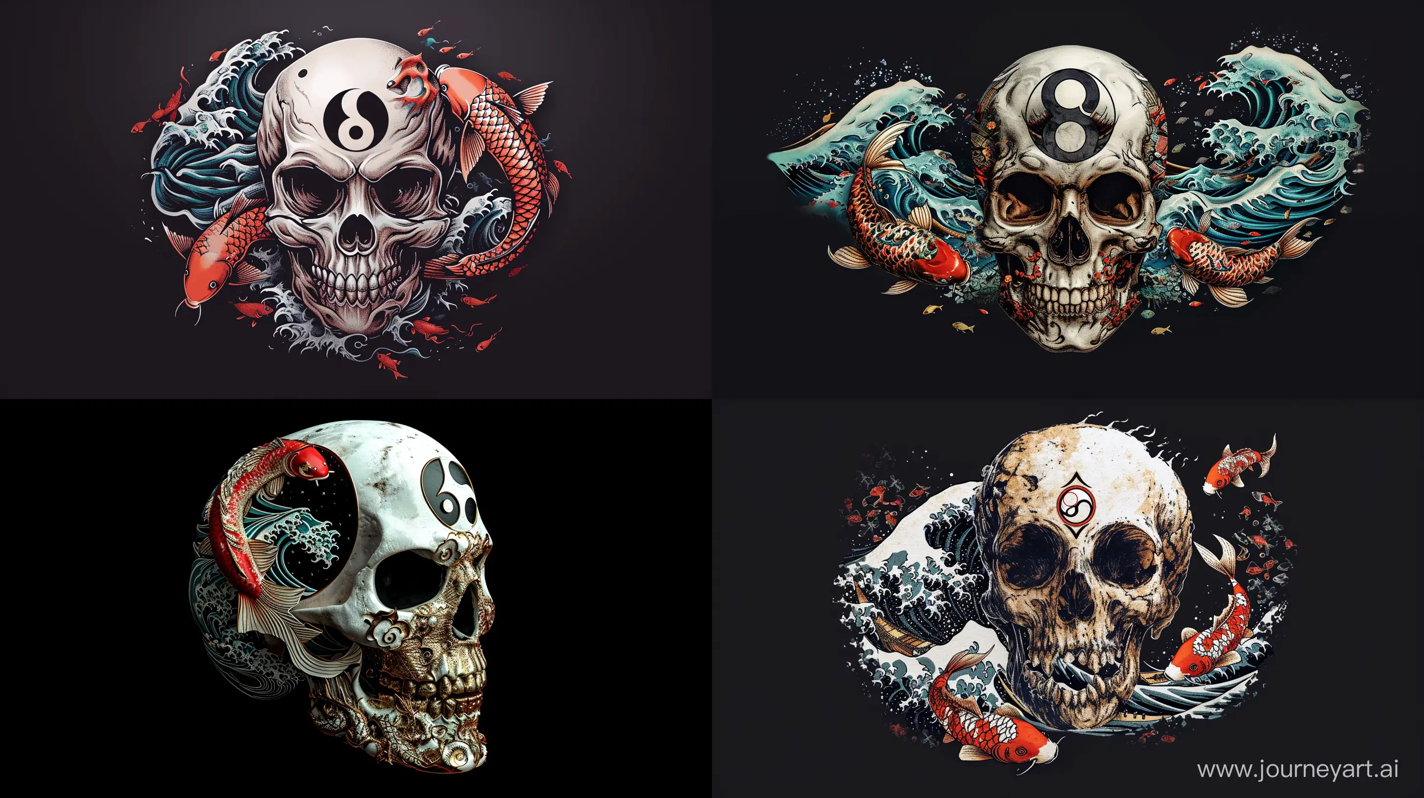 Japanese-Demon-Skull-with-Wave-Koi-Fish-and-Yin-Yang-Elements-on-Black-Background-in-4K