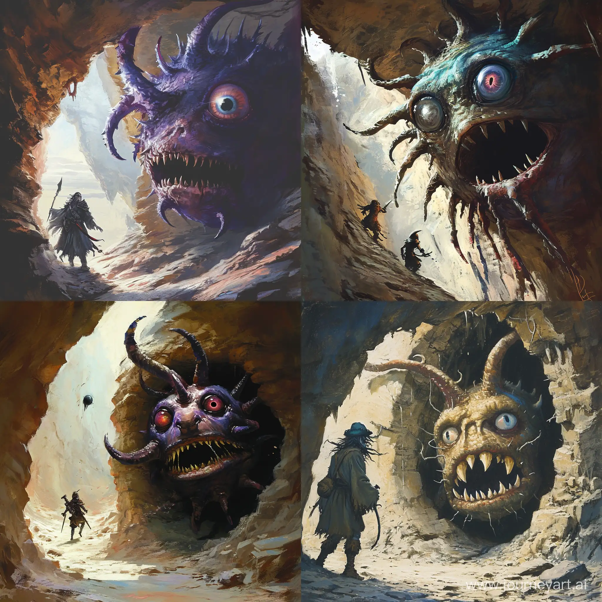 A dnd beholder looking at a lone adventurer through a cave wall.