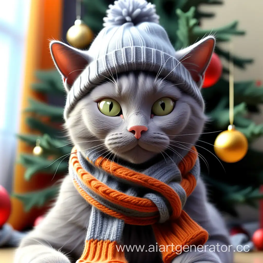 Серый кот в шапке вяжет шарф под новогодней ёлкой