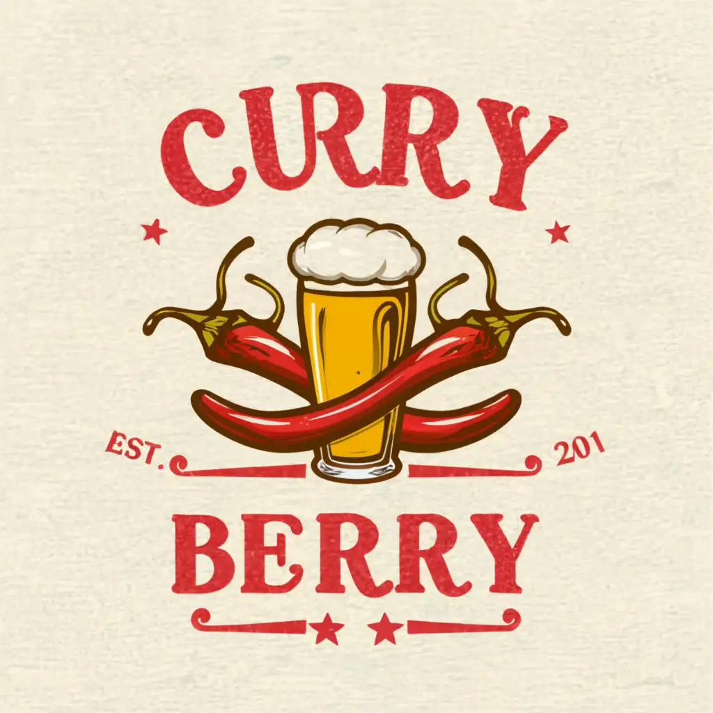 a logo design,with the text "Curry", main symbol:red chilies with a big pint of beer,Moderate,clear background