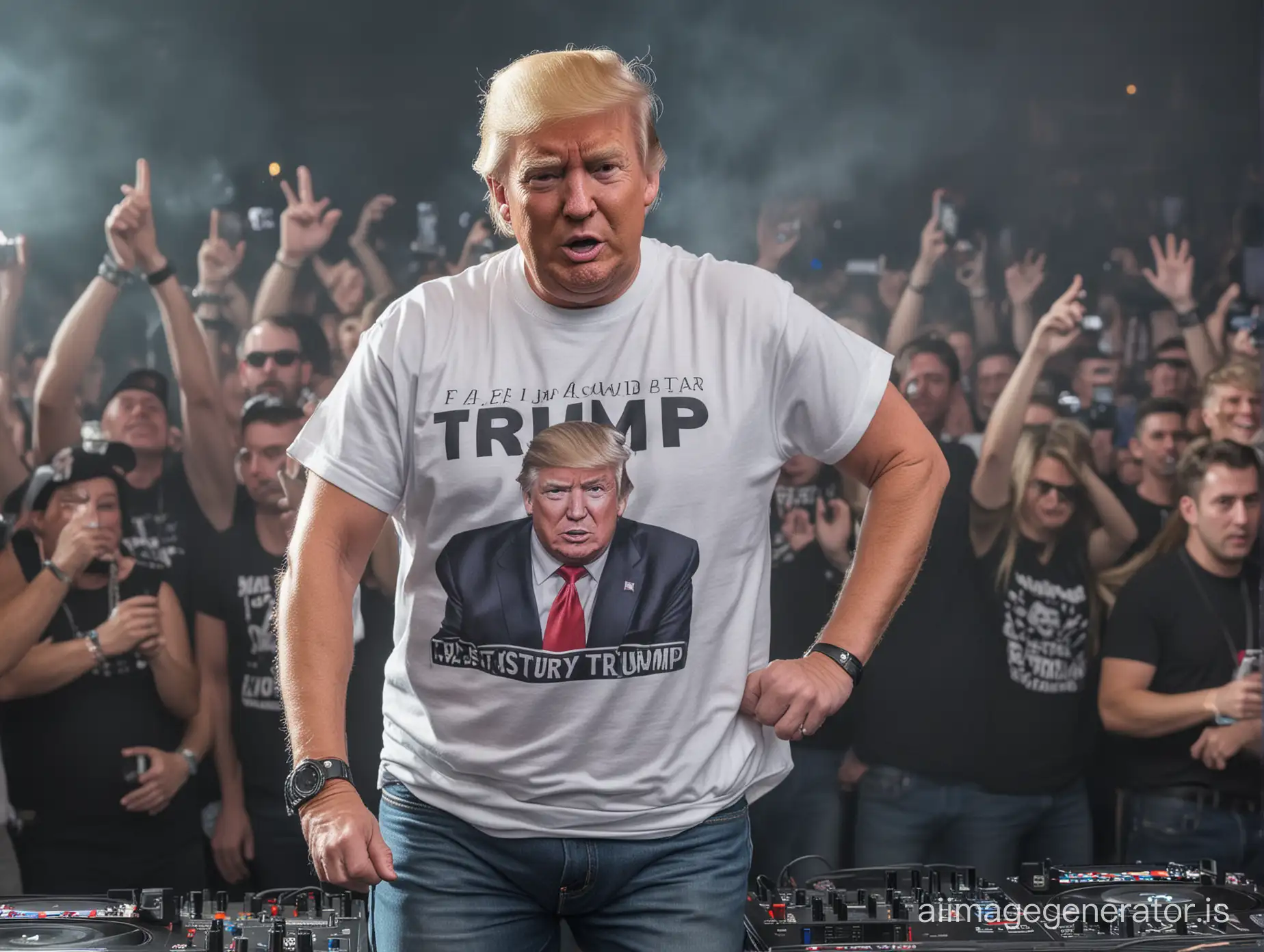 Donald Trump is a DJ at a techno rave. He is wearing a T-shirt and jeans.