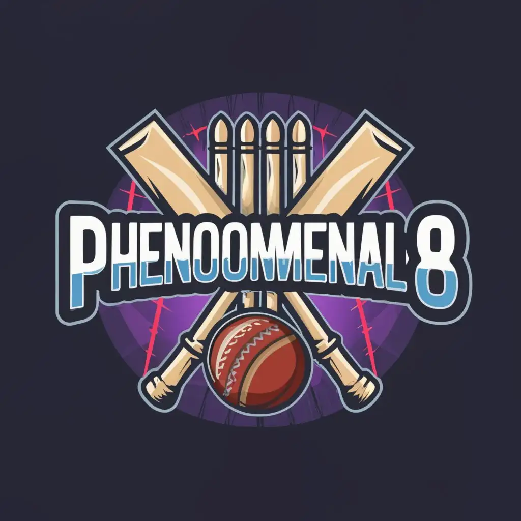a logo design,with the text "PHENOMENAL 8", main symbol:CRICKET BAT BALL AND STUMPS,Moderate,clear background