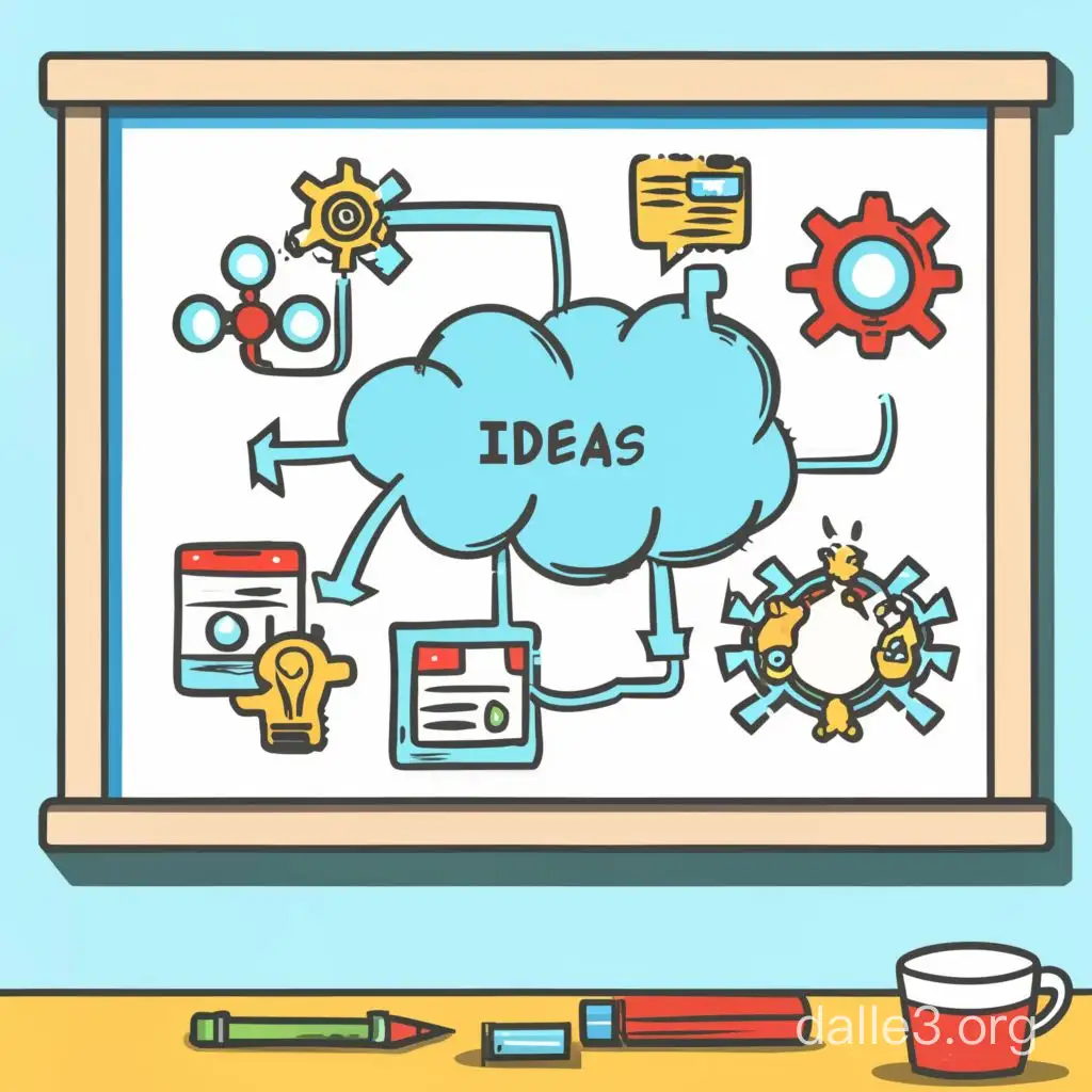 Create a drawing of a whiteboard. On the whiteboard there are flow diagrams, clouds with ideas, and diagrams. Make the style similar to a colorful cartoon 