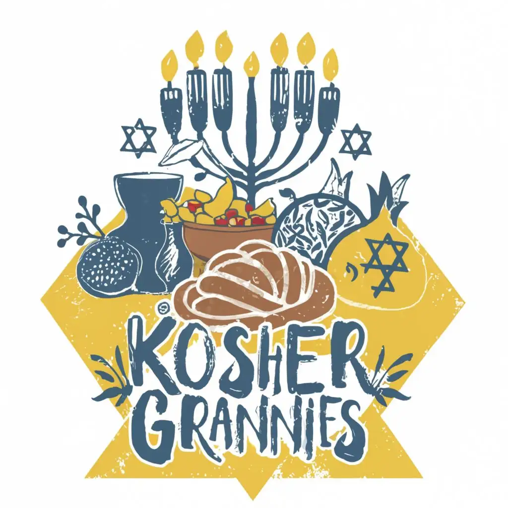 logo, Israel, yellow, blue, white, Menorah, pomegranate, wine, challah, figs, Paul Klee, Star of David, simple on tablecloth, with the text "Kosher Grannies", typography, be used in the automotive industry