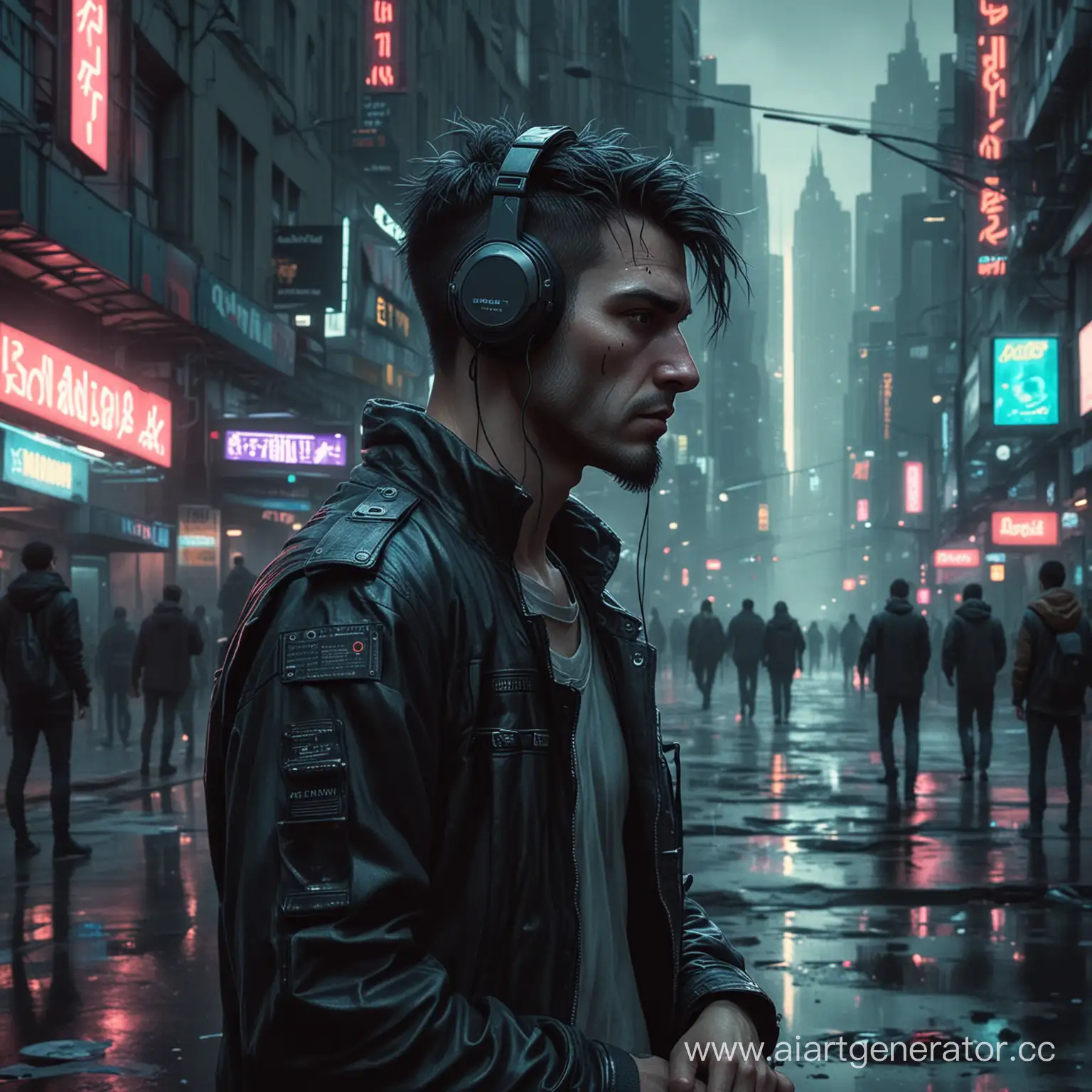 Город в стиле киберпанк, а на его улице стоит грустный человек который слушает музыку в жанре постпанк
