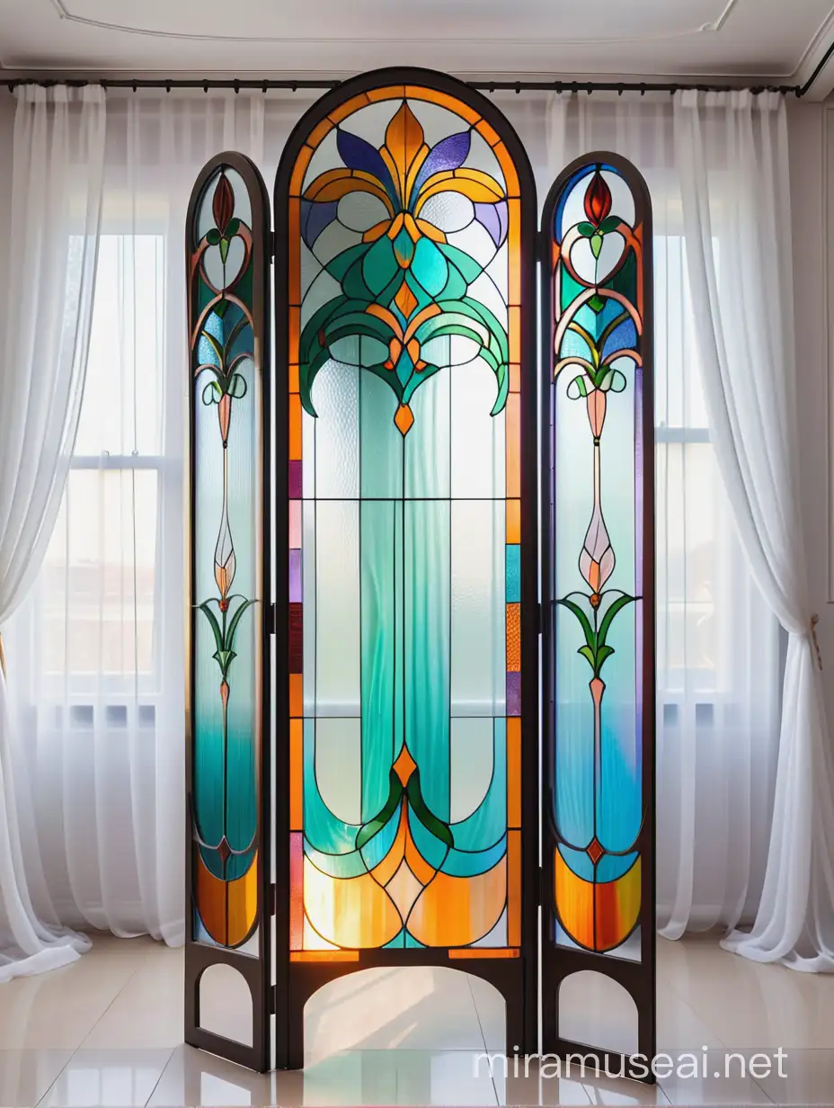 Colorful Tiffany Glass Art Nouveau Partition with White Organza Curtains
