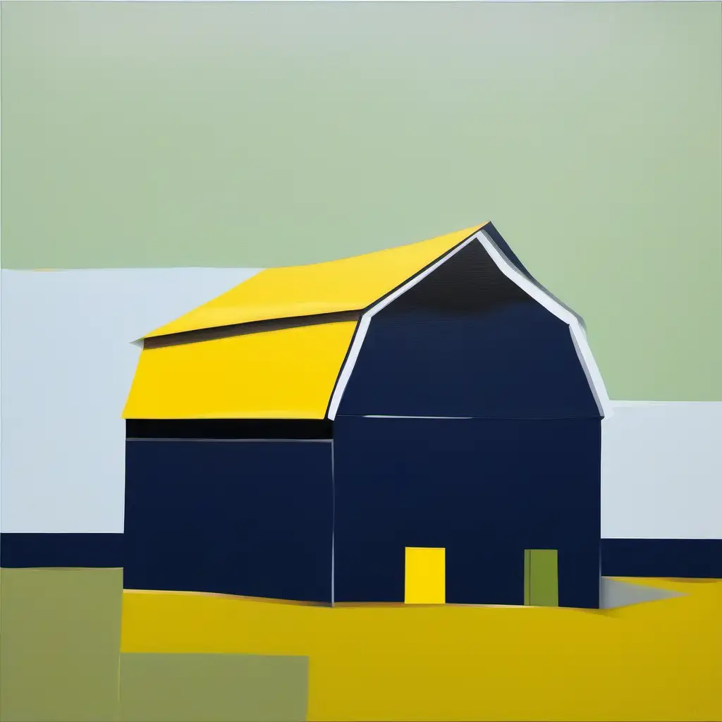 oil painting abstract barn minimalism, navy yellow and sage color palette