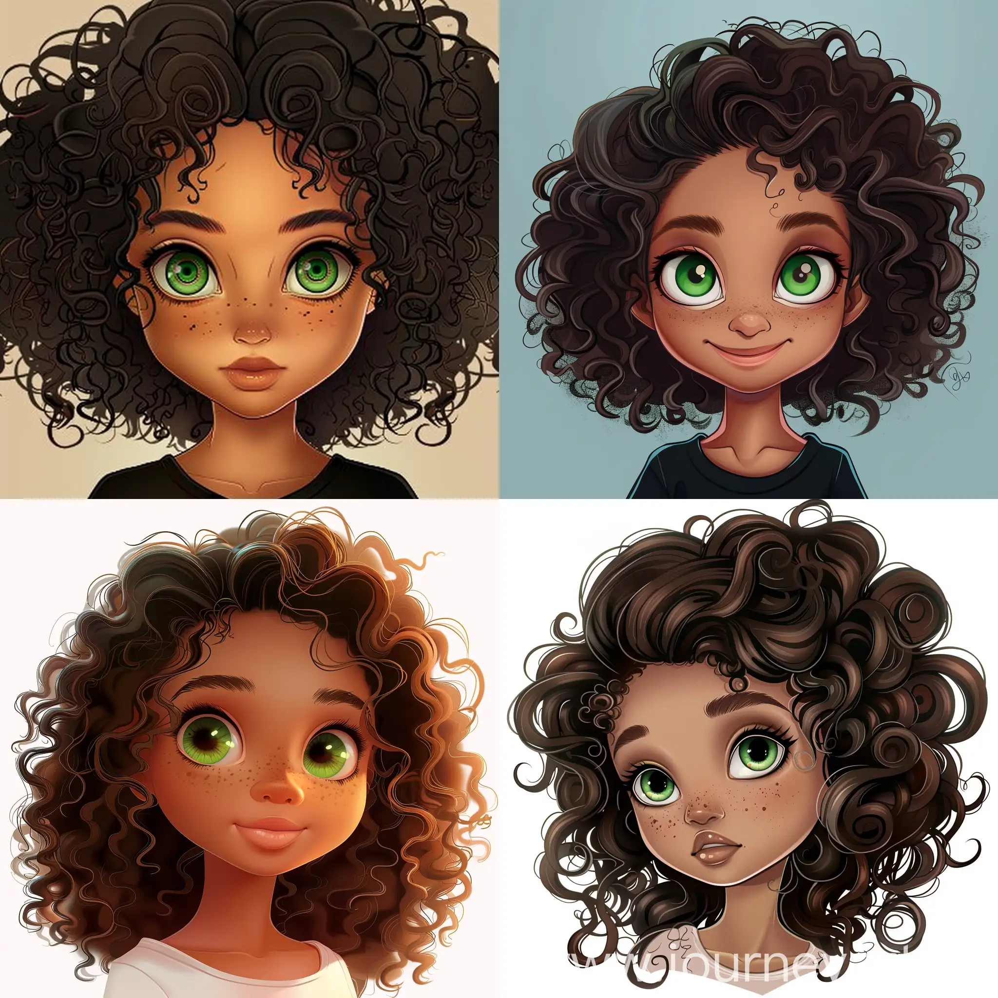 biracial cartoon girl with curly hair and green eyes