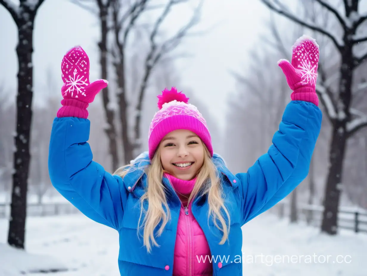девочка с светлыми волосами в синей шапке в синих варежках в розовой куртке подняла руки верх ловит снег улыбается