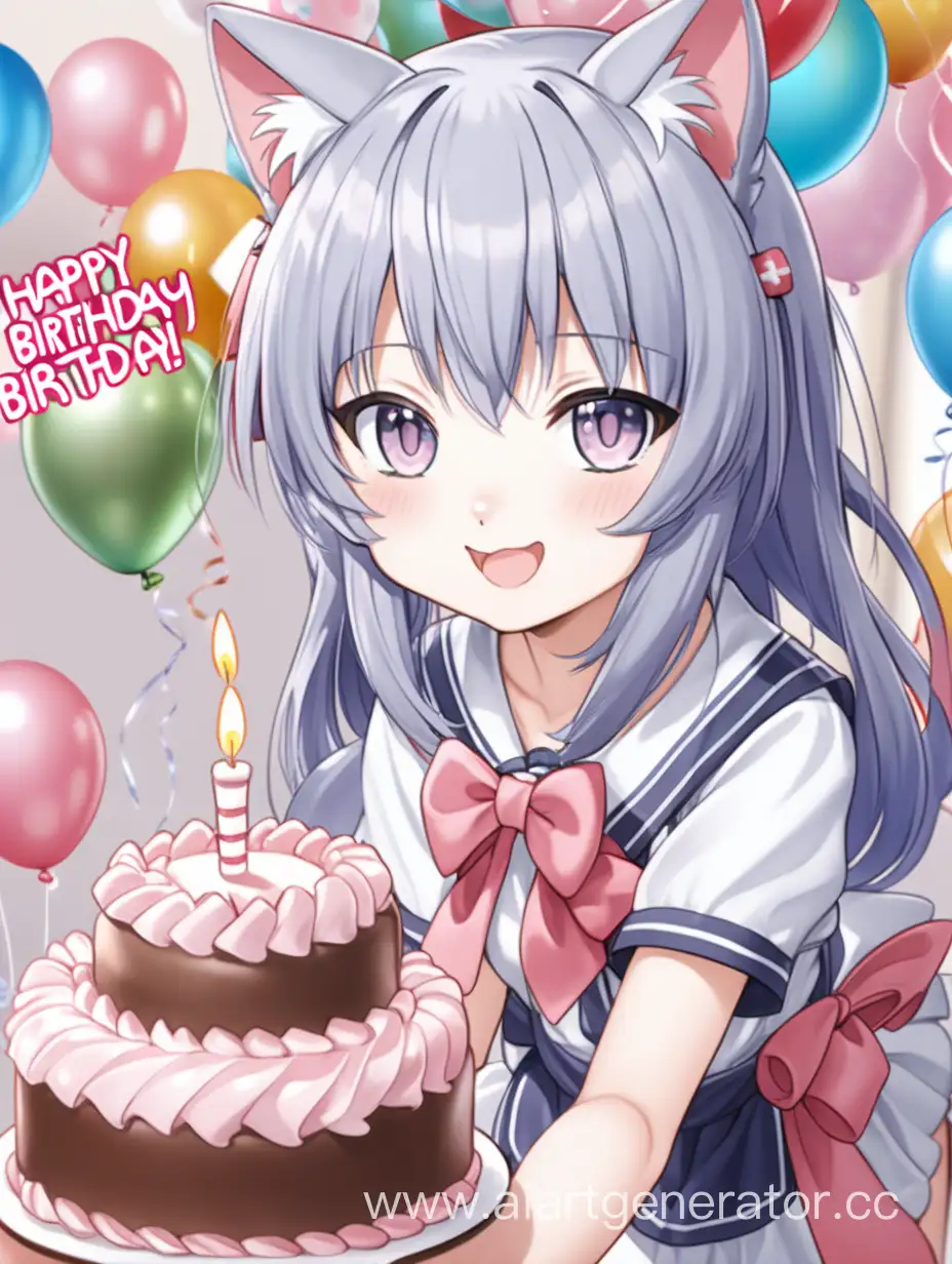 Аниме кошка девочка поздравляет с днем рождения