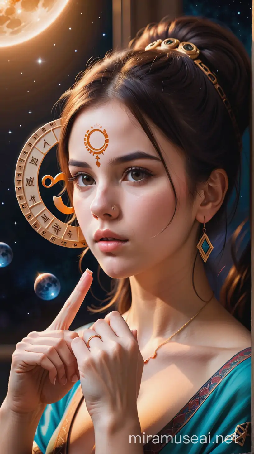 Women asks others to be quiet while holding the zodiac sign in her hand