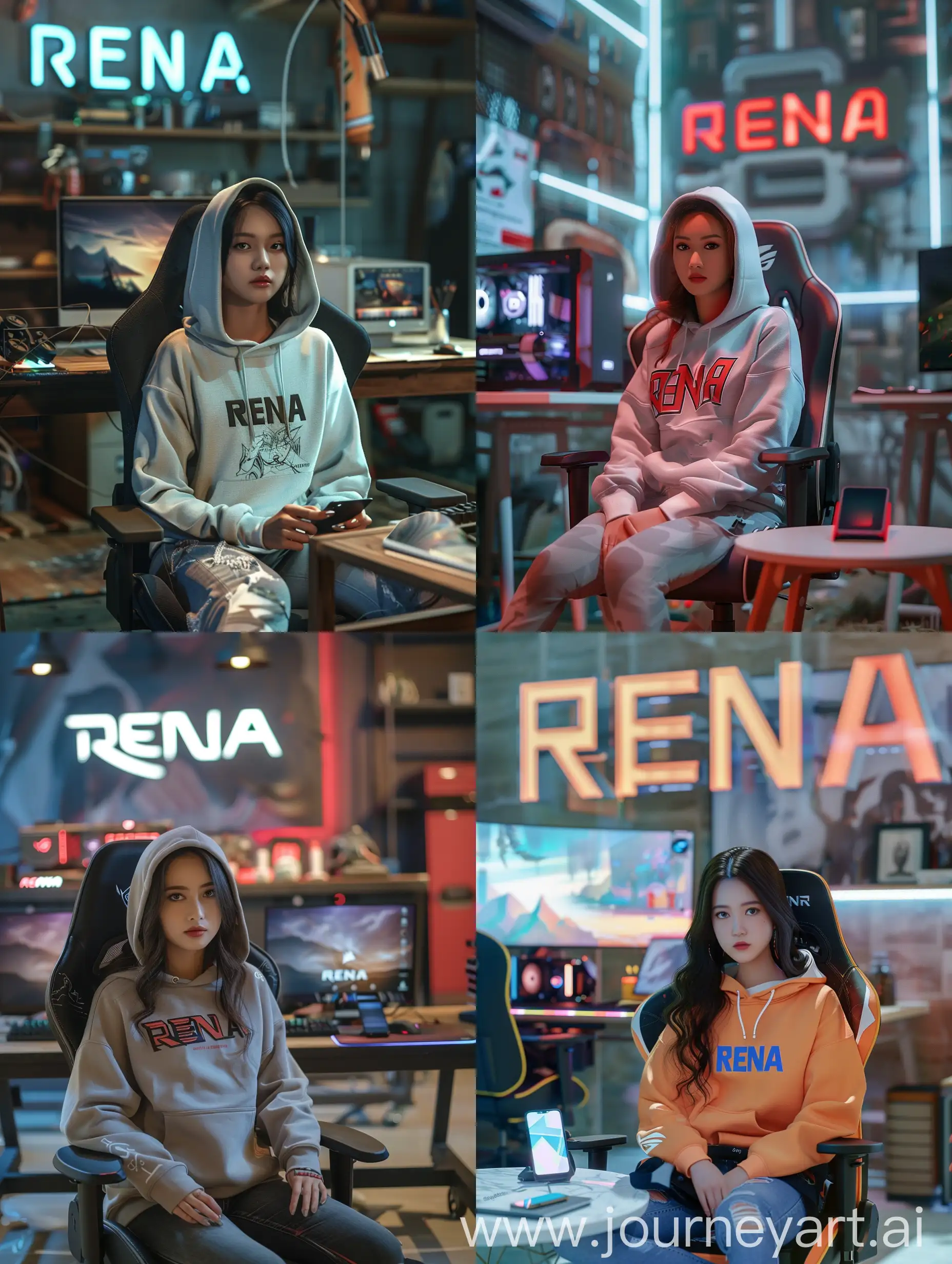 A 32 year old Indonesian woman sits on a gaming chair wearing a 'RENA' hoodie. In front of him a gaming pc, an Apple phone on a table, with a realistic HD background of a room with the word 'RENA' written on it.Real photo.