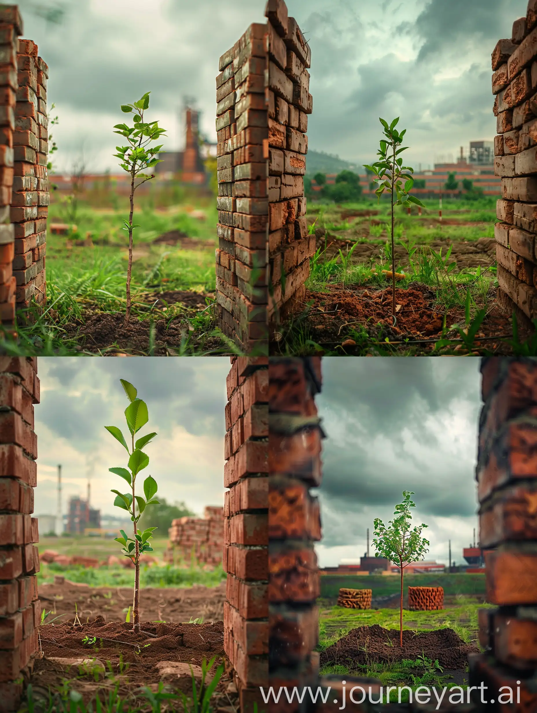 Lush-Green-Landscape-with-Brick-Factory-and-Sapling-in-Cloudy-Weather