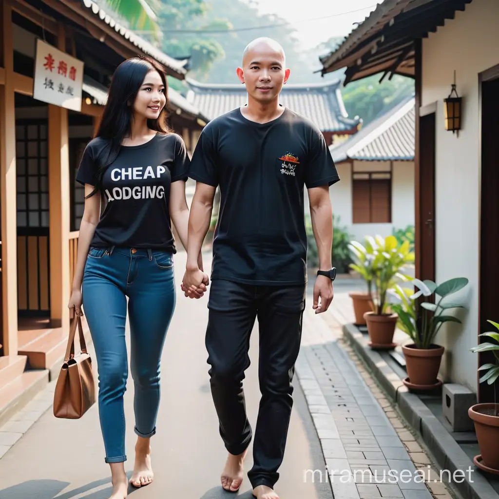 Indonesian Couple Walking Hand in Hand Towards Affordable Inn