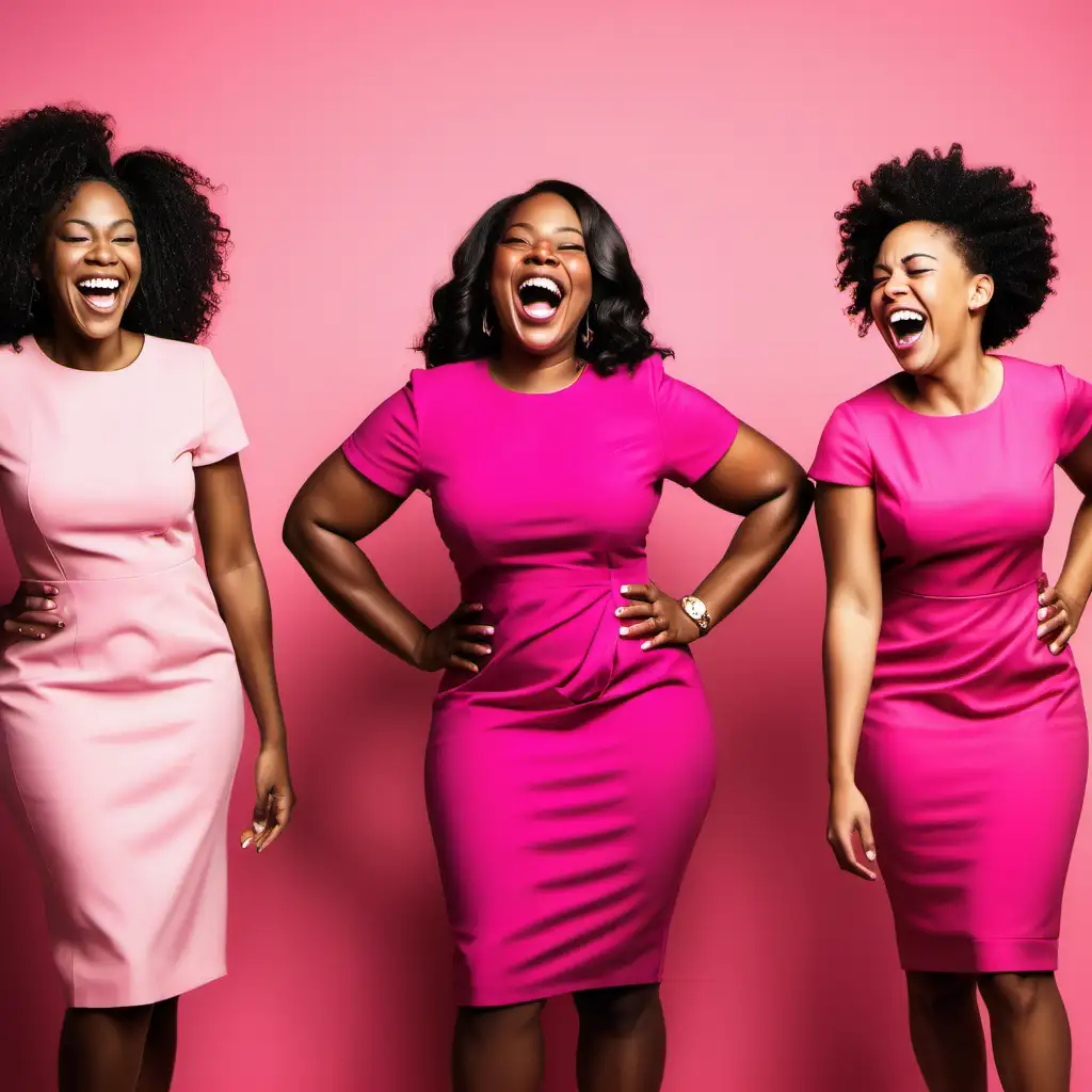 Joyful Black Women in Pink Dresses Laughing Together