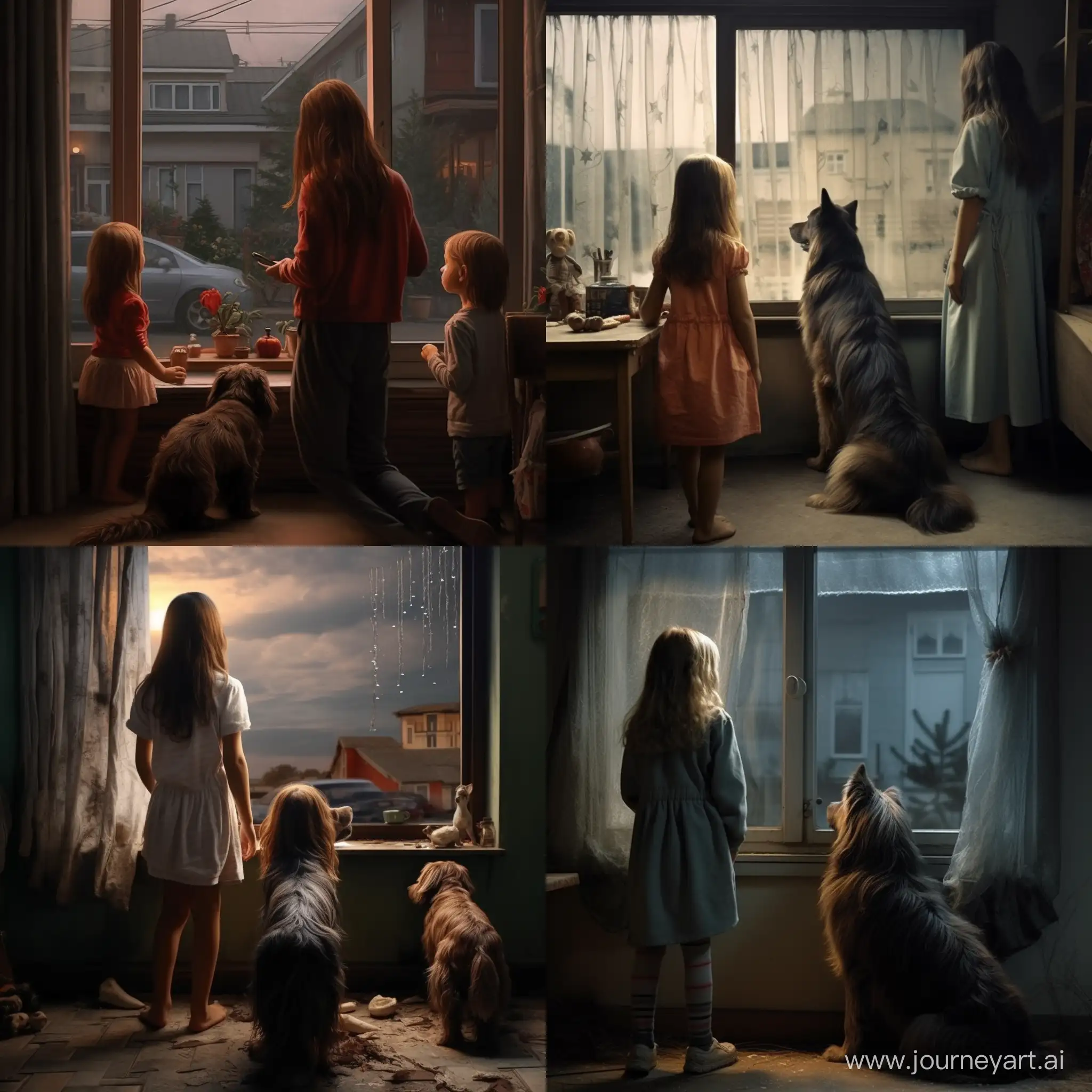 A Slovak woman rushed to buy a dog so that a family with a small child would not come to visit them. Now the family is outside and looks at the girl and the dog from behind a window. Funny. Photorealistic.