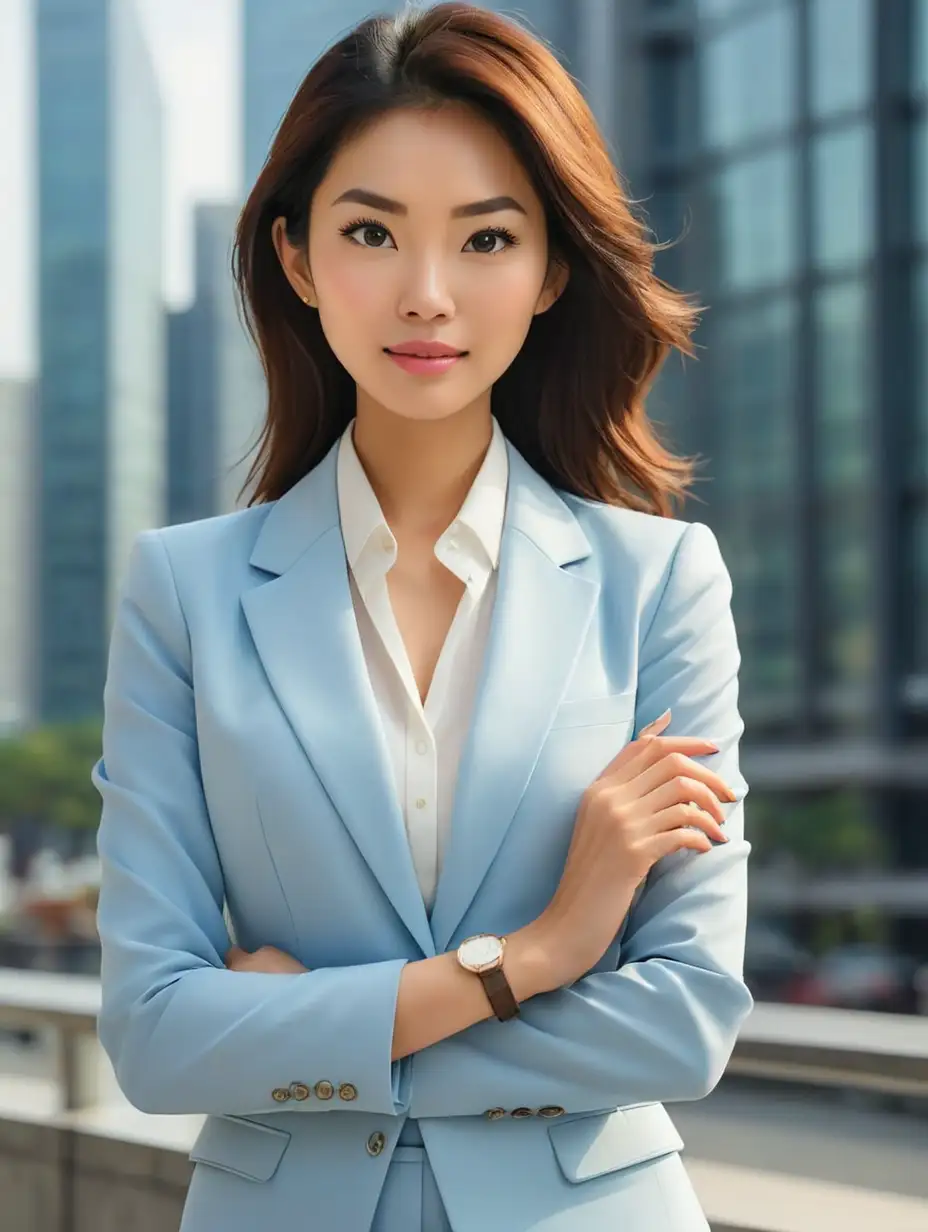 asian business woman in a light blue suit wearing a wrist watch


