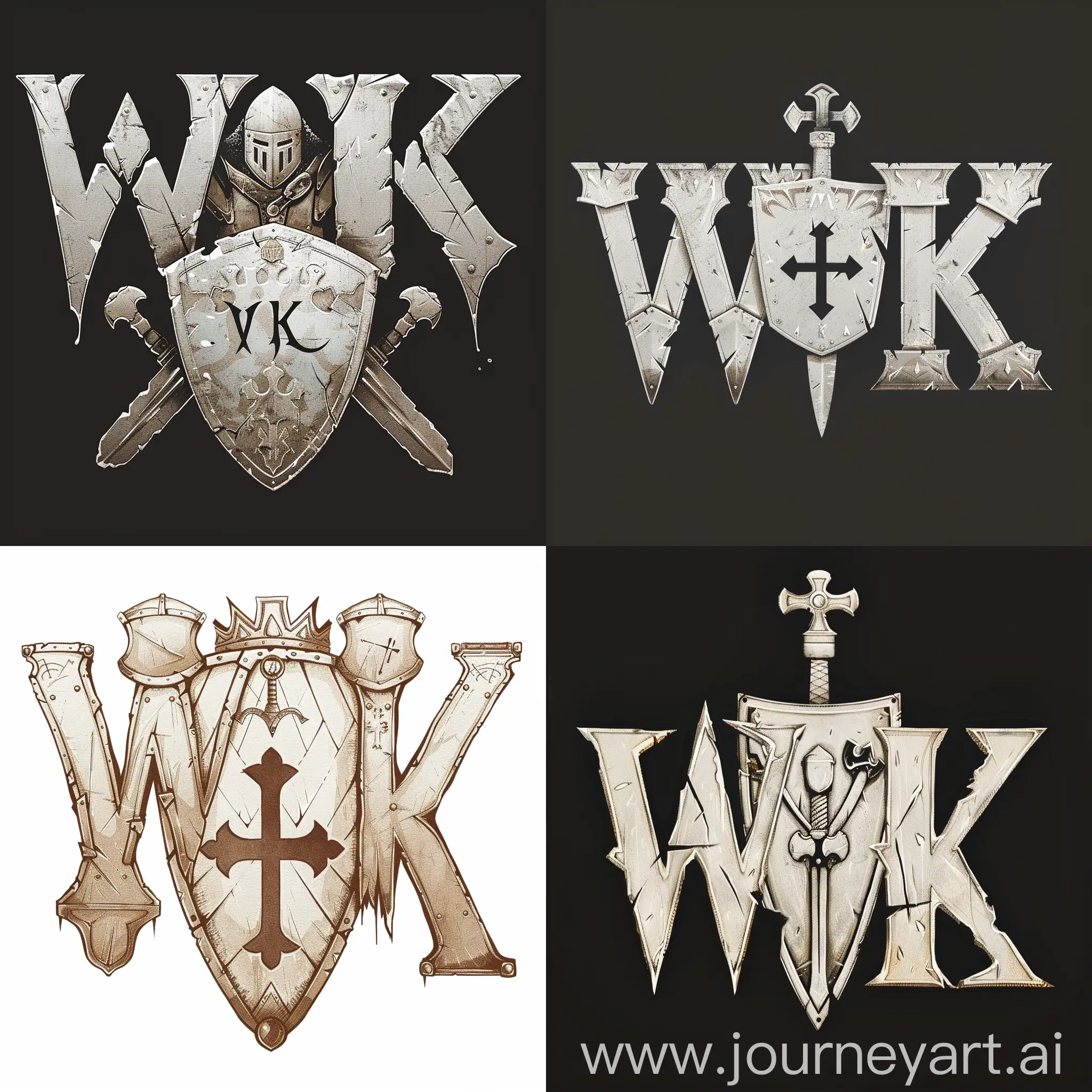 Логотип "WK", где каждая буква "W" и "K" стилизована в виде частей белых доспехов рыцаря, между буквами изображен белый щит с гербом, цветовая гамма белый цвет для доспехов, стилизованный средневековый шрифт для написания "WK" в форме доспехов