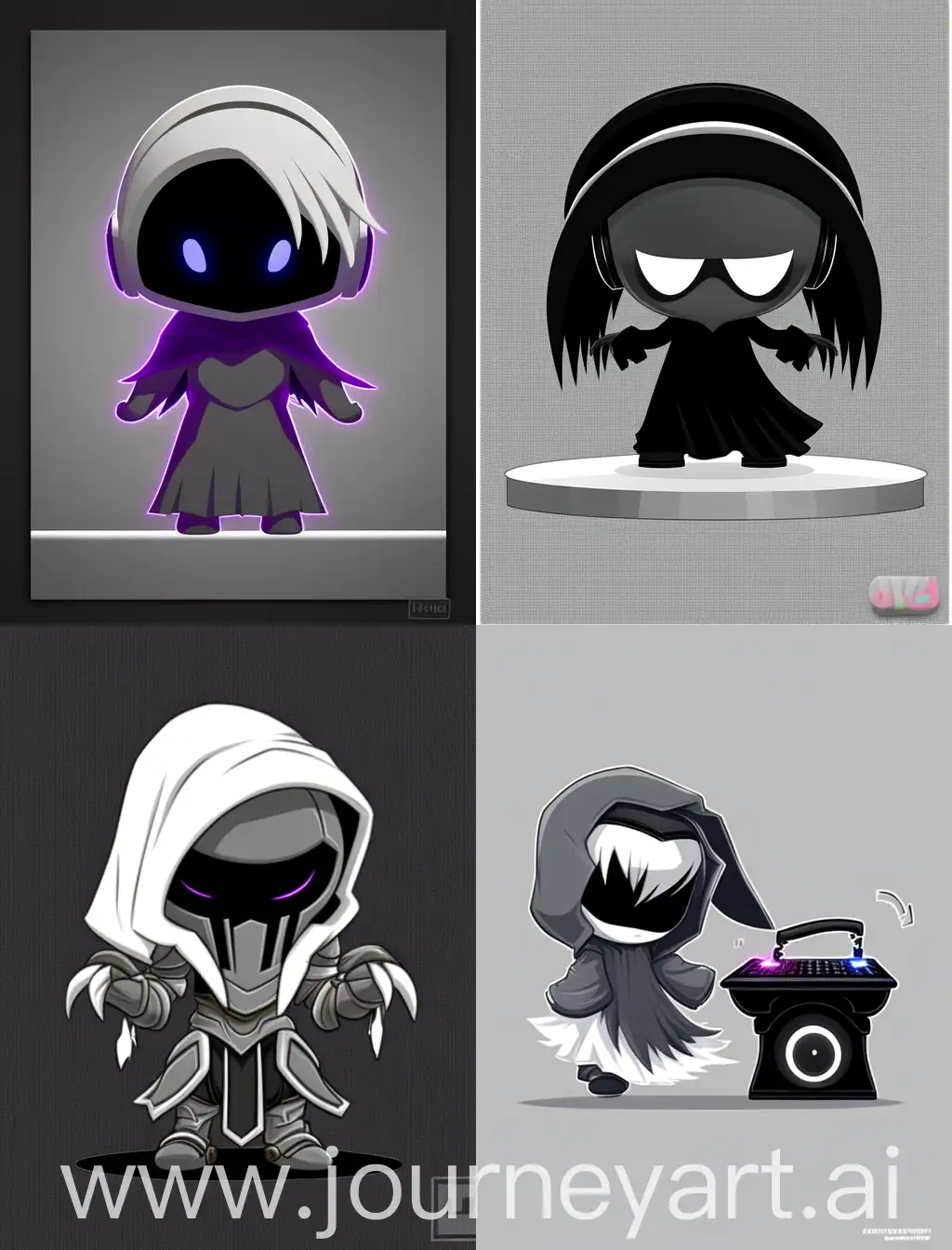 sad chibi anime grim reaper playing dj, cartoon anime style, with strong lines, with grey solid background --niji 4 --ar 3:4 --no 98959