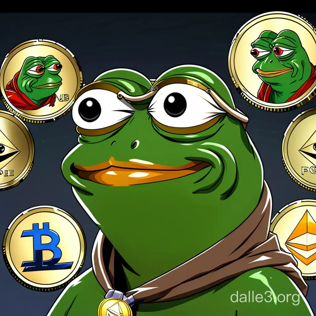 Pepe frog meme with crypto coins