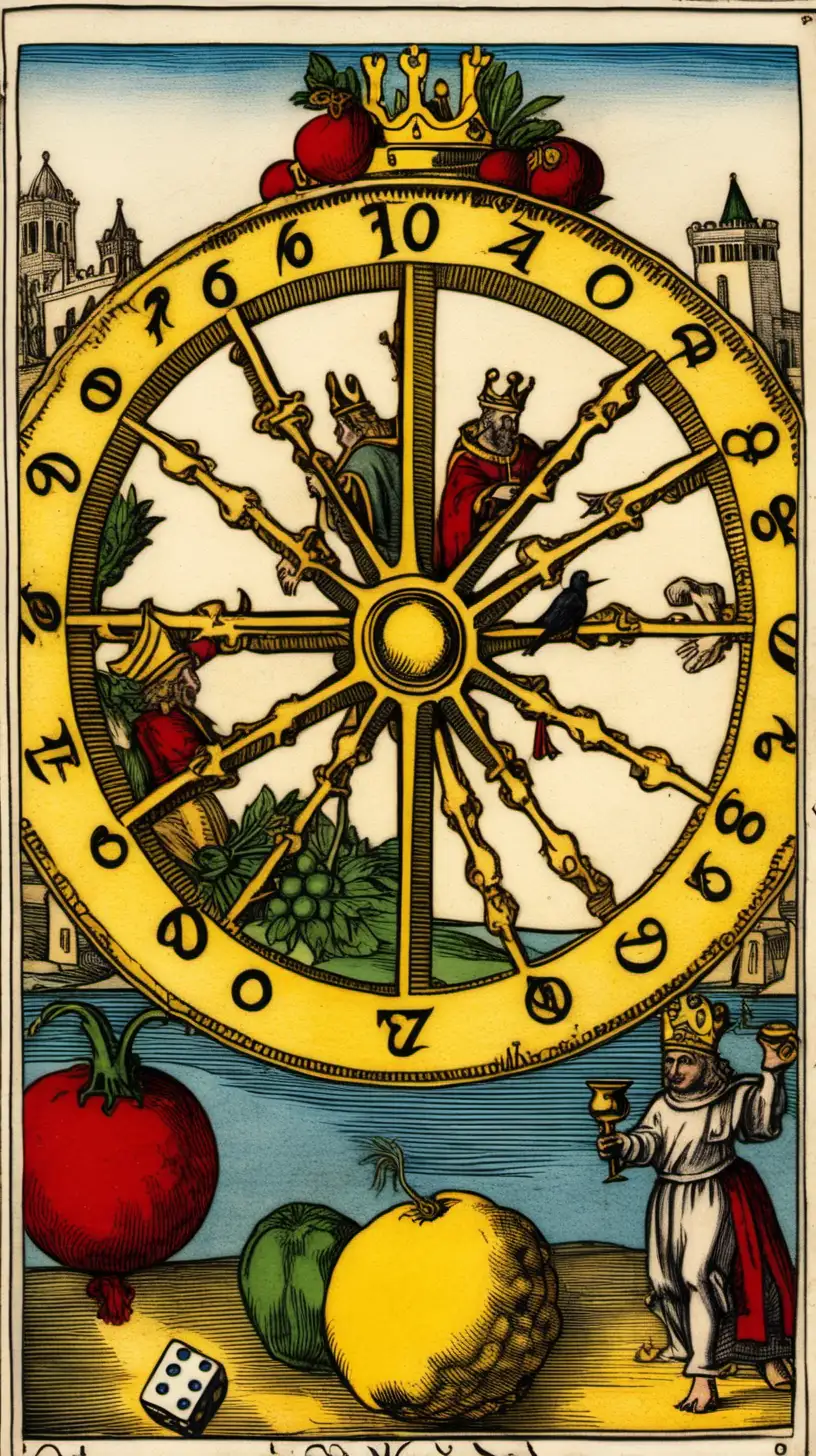 A Tarot card from the Marseille deck, bearing the number 10 in the upper left corner, depicting the Wheel of Fortune symbolizing a solar year, encircling the wheel are four kings, each bearing a distinct symbol: one holds a liquor cup, another a coin, a third presents a platter brimming with vegetables and fruits, while the fourth holds a black crow, the Wheel itself spins atop a table adorned with dice, adding an element of chance to its perpetual motion, in the backdrop, remnants of a tsunami and an old monastery linger