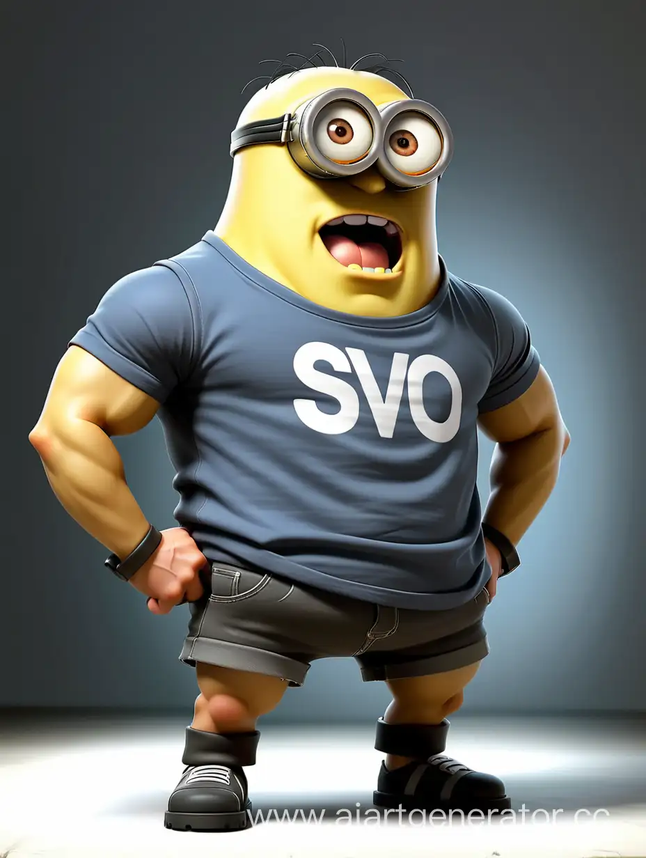 minion with a muscular AND BIG body and a T-shirt that says SVO