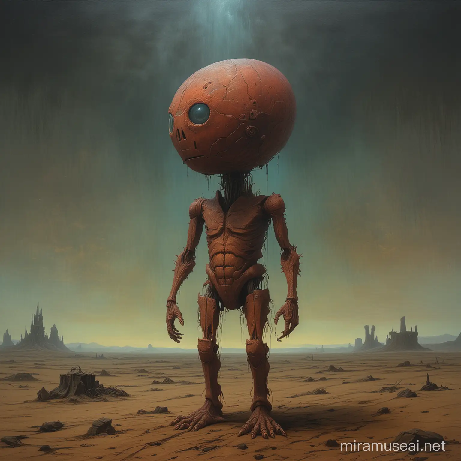 A toy painted in the style of Zdzisław Beksiński paintings 