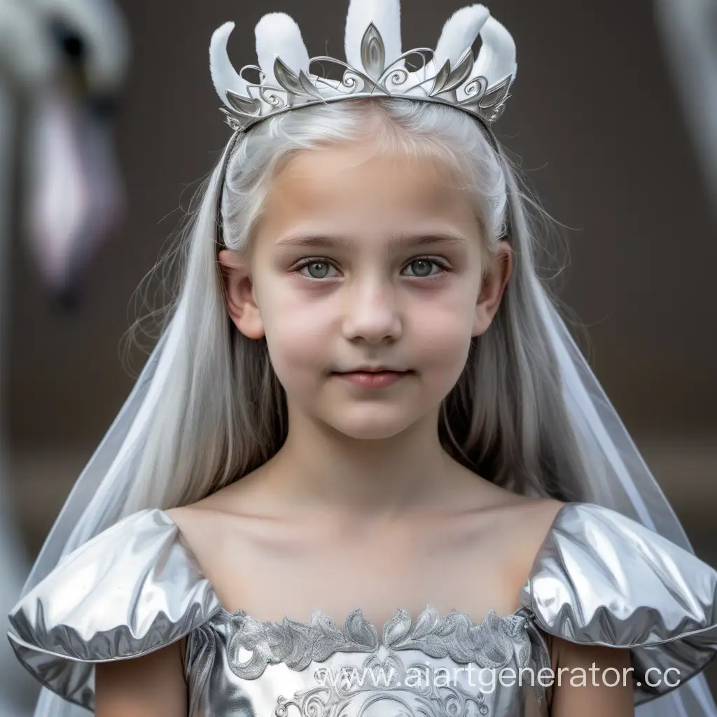 Девочка 13 лет с серебристыми волосами и серебристыми глазами. На ней серебристое платье с изображениями лебедей. На голове серебристая диадема с лебедями.