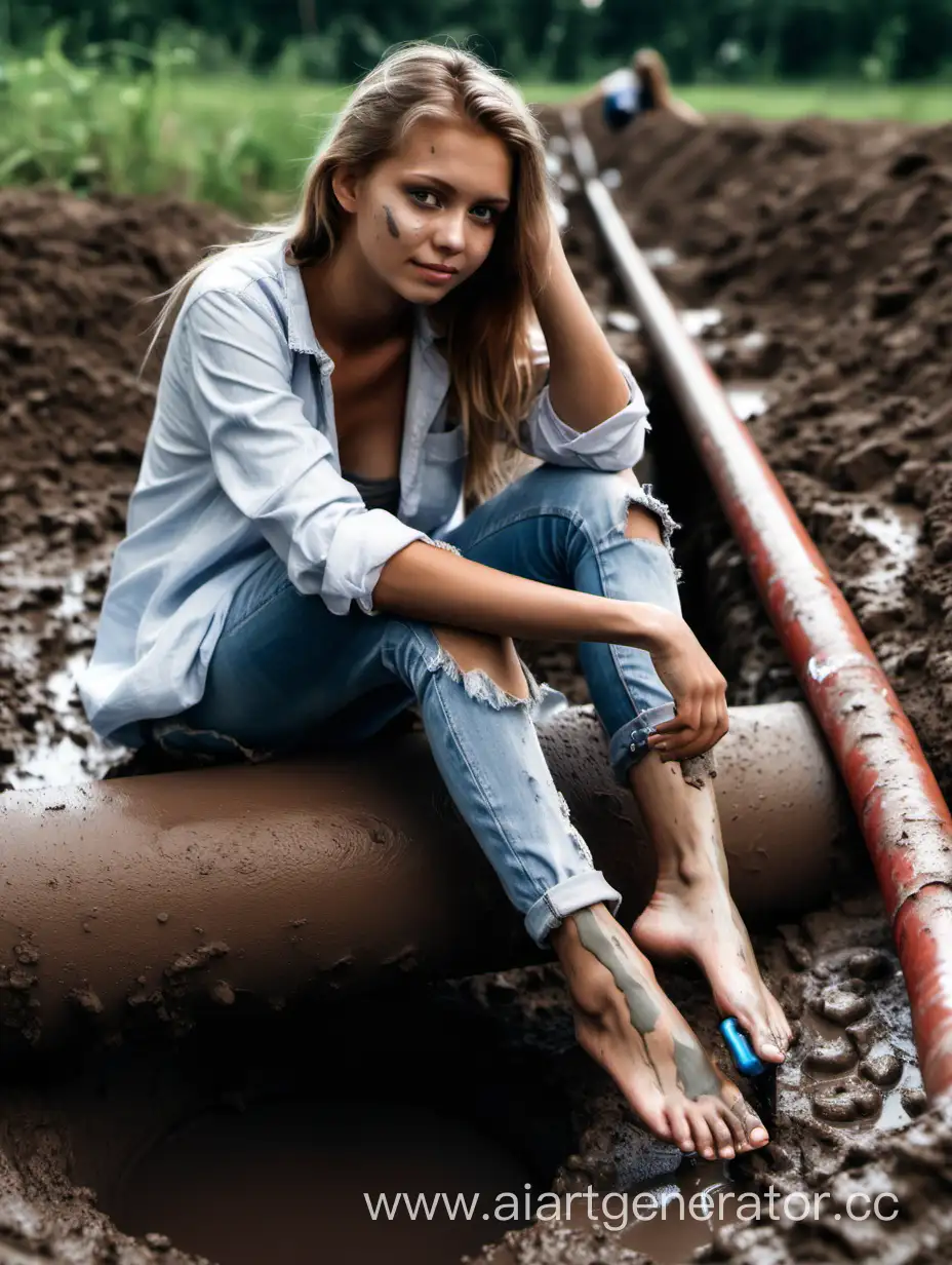девочка в порванных джинсах босиком сидит на трубе в грязи