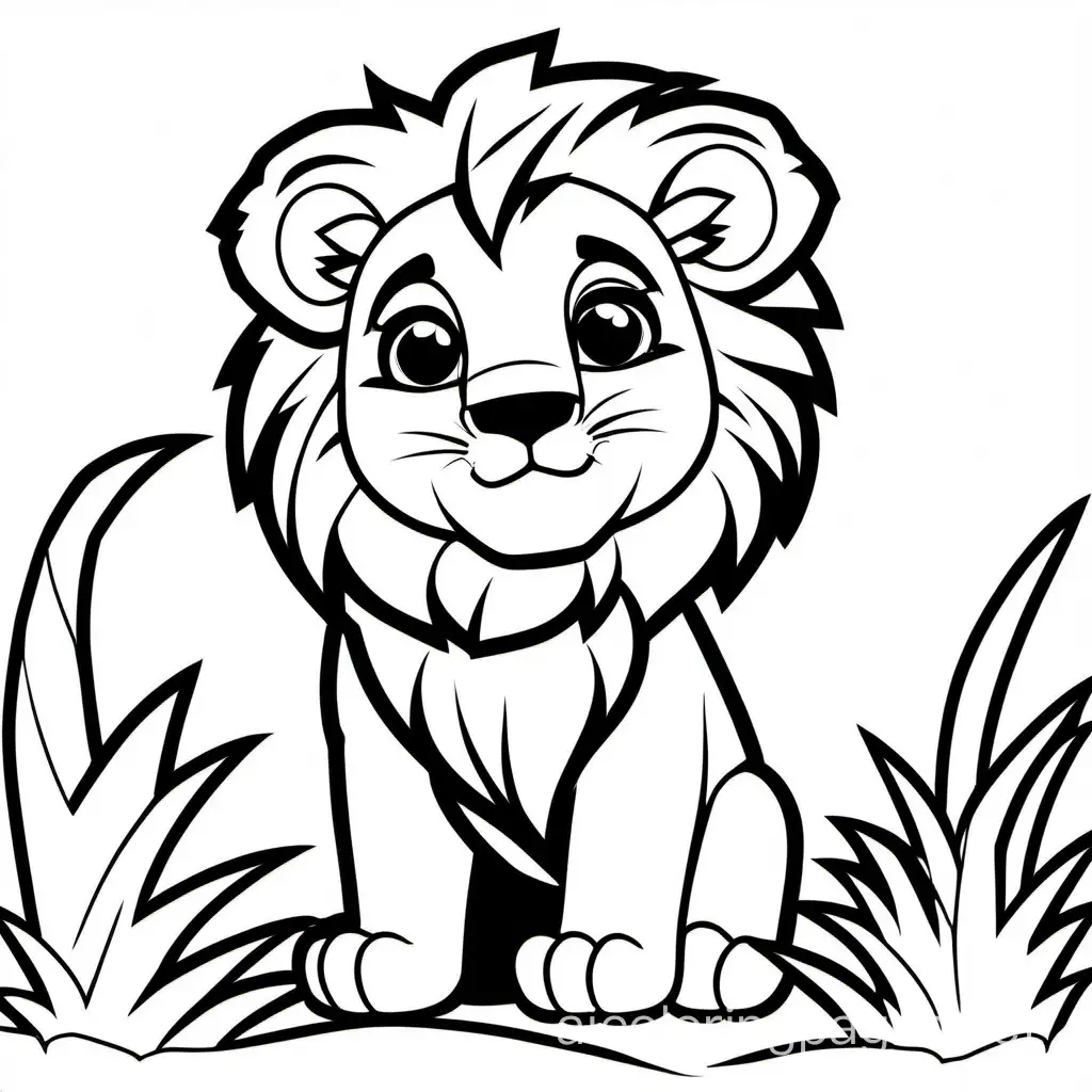 cute baby lion big roar coloring pages, Coloring Page, black and white, line art, white background, Simplicity, Ample White Space. The background of the coloring page is plain white to make it easy for young children to color within the lines. The outlines of all the subjects are easy to distinguish, making it simple for kids to color without too much difficulty
