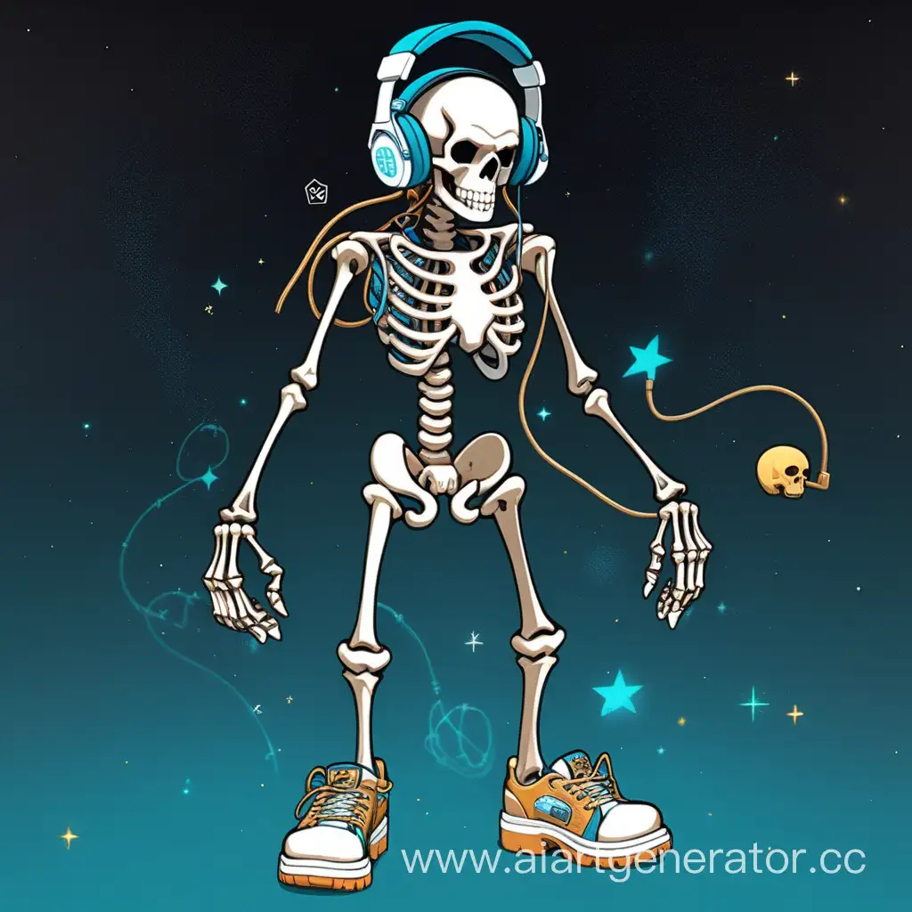 original character, cosmic skeleton full length, big headphones on the skull