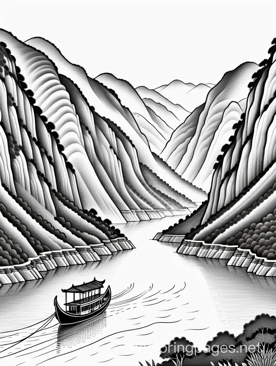 create a b/w coloring book page of - The   Three Gorges, Yangtze River ; line-art; realistic; bold lines; white background; no color, no grey-tone, no shading ; , Coloring Page, black and white, line art, white background, Simplicity, Ample White Space. The background of the coloring page is plain white to make it easy for young children to color within the lines. The outlines of all the subjects are easy to distinguish, making it simple for kids to color without too much difficulty