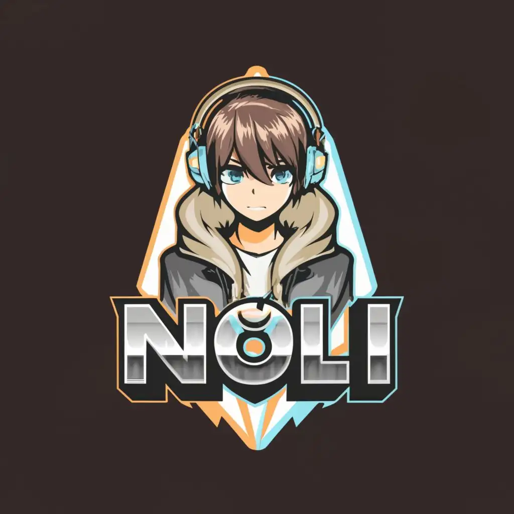 a logo design, with the text "N0LI", main symbol: anime Gamer with headphones and hoodie on, Moderate, clear background short hair that is brown blue eyes